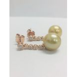 Pair 14Ct Rose Gold Pearl And Diamond Drop Earrings.