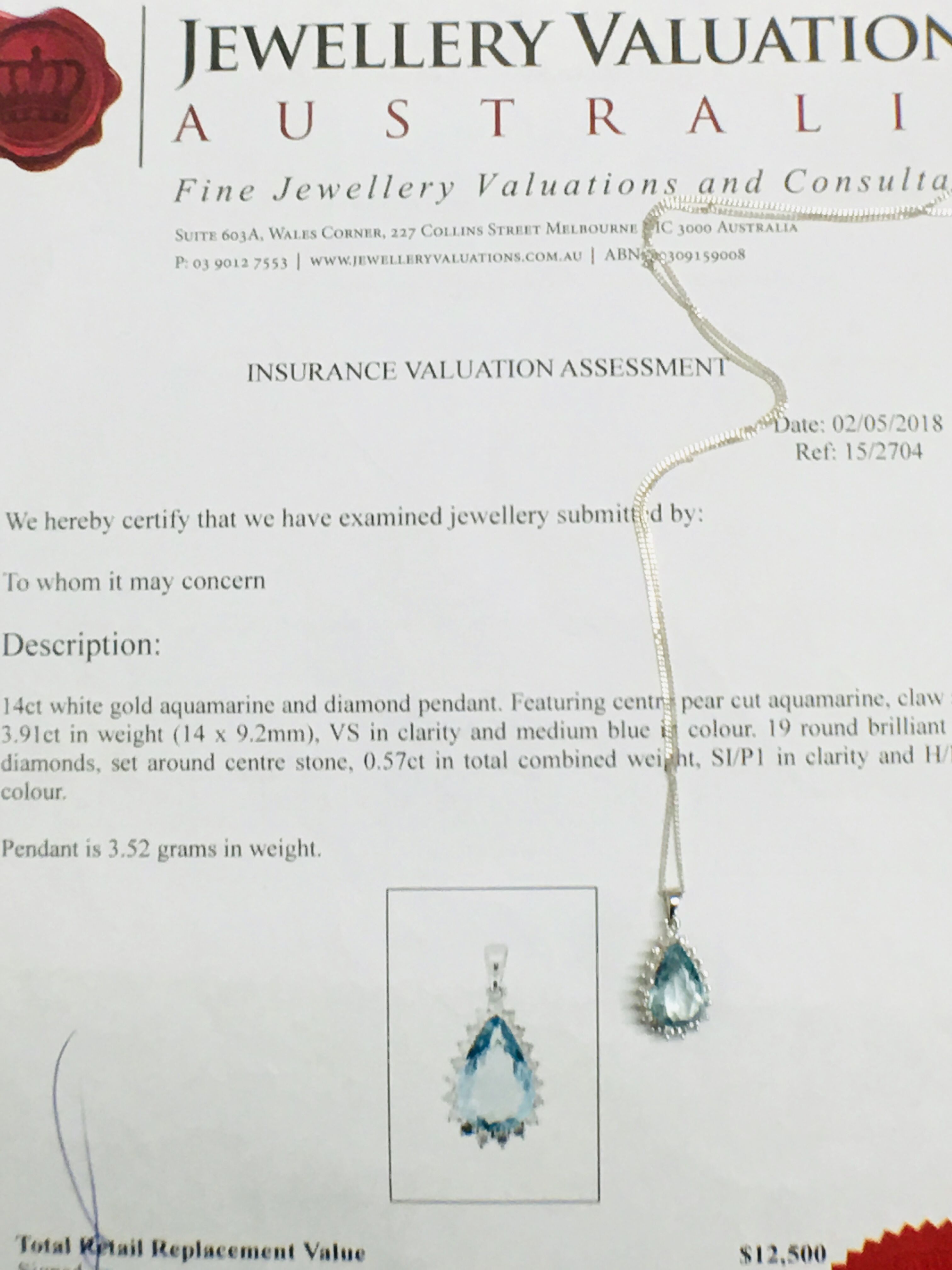 14Ct White Gold Aquamarine & Diamond Pendant. - Image 8 of 8