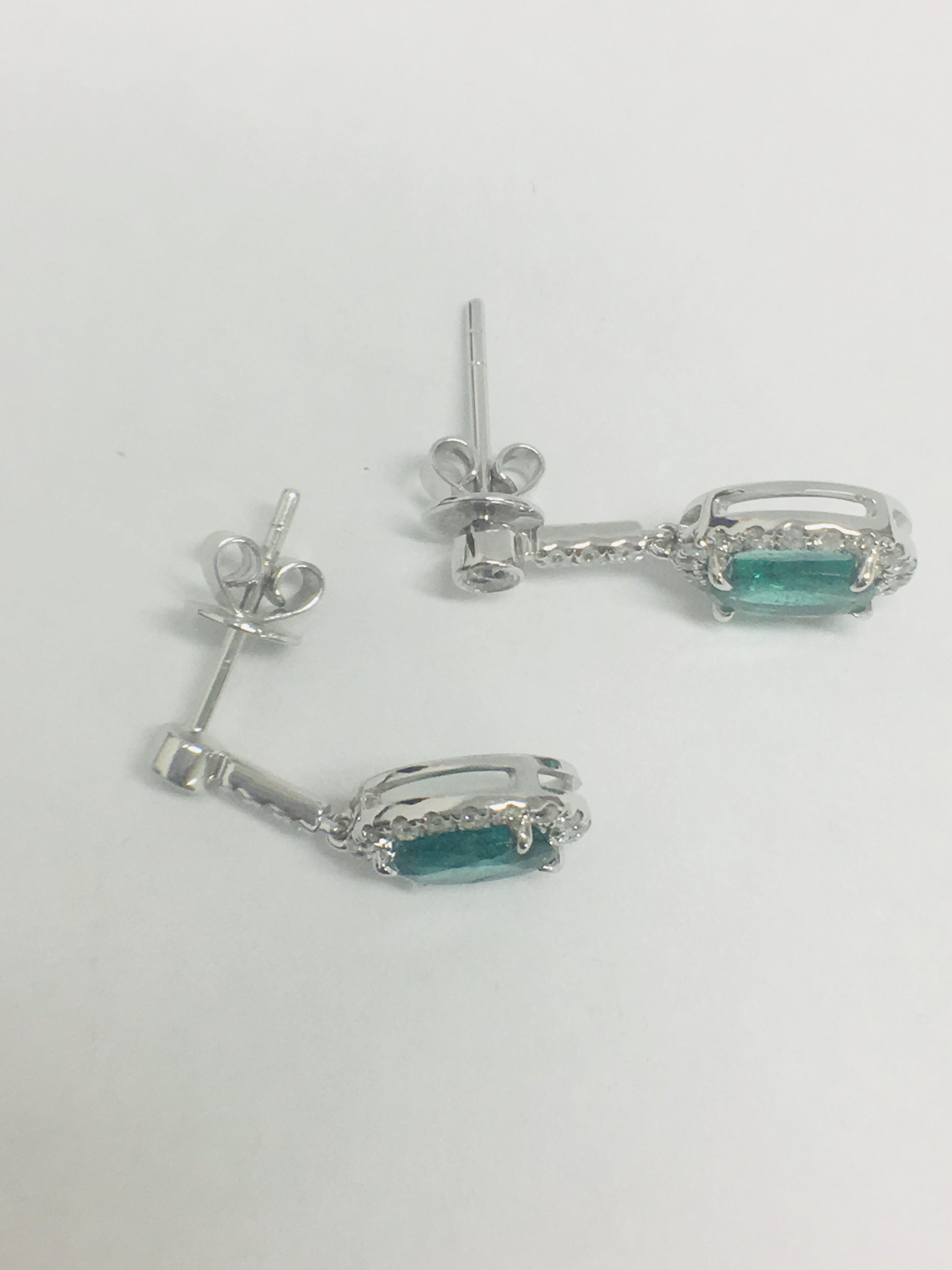 1 Pair 14Ct White Gold Emerald & Diamond Earrings. - Image 4 of 8