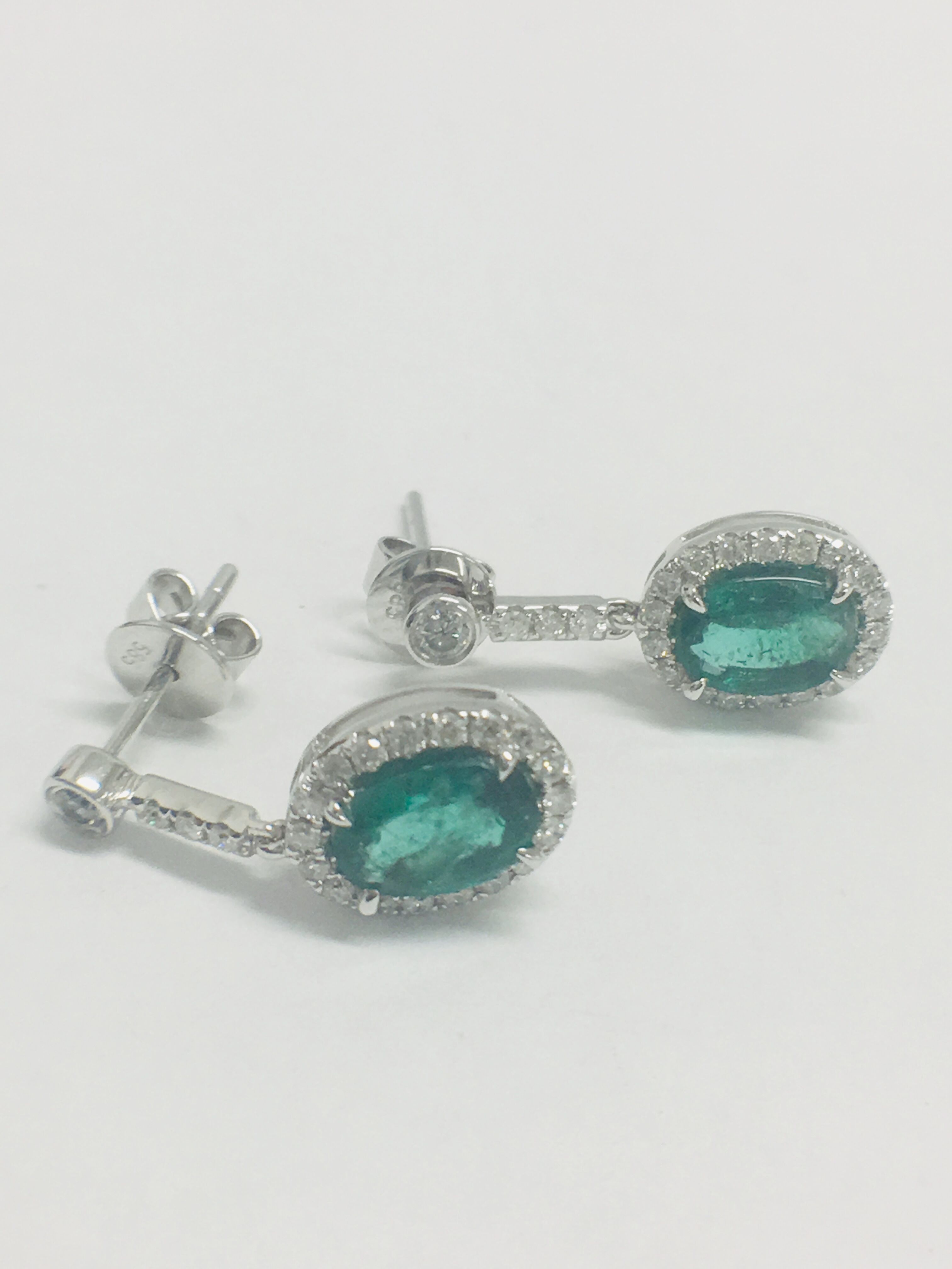 1 Pair 14Ct White Gold Emerald & Diamond Earrings. - Image 6 of 8