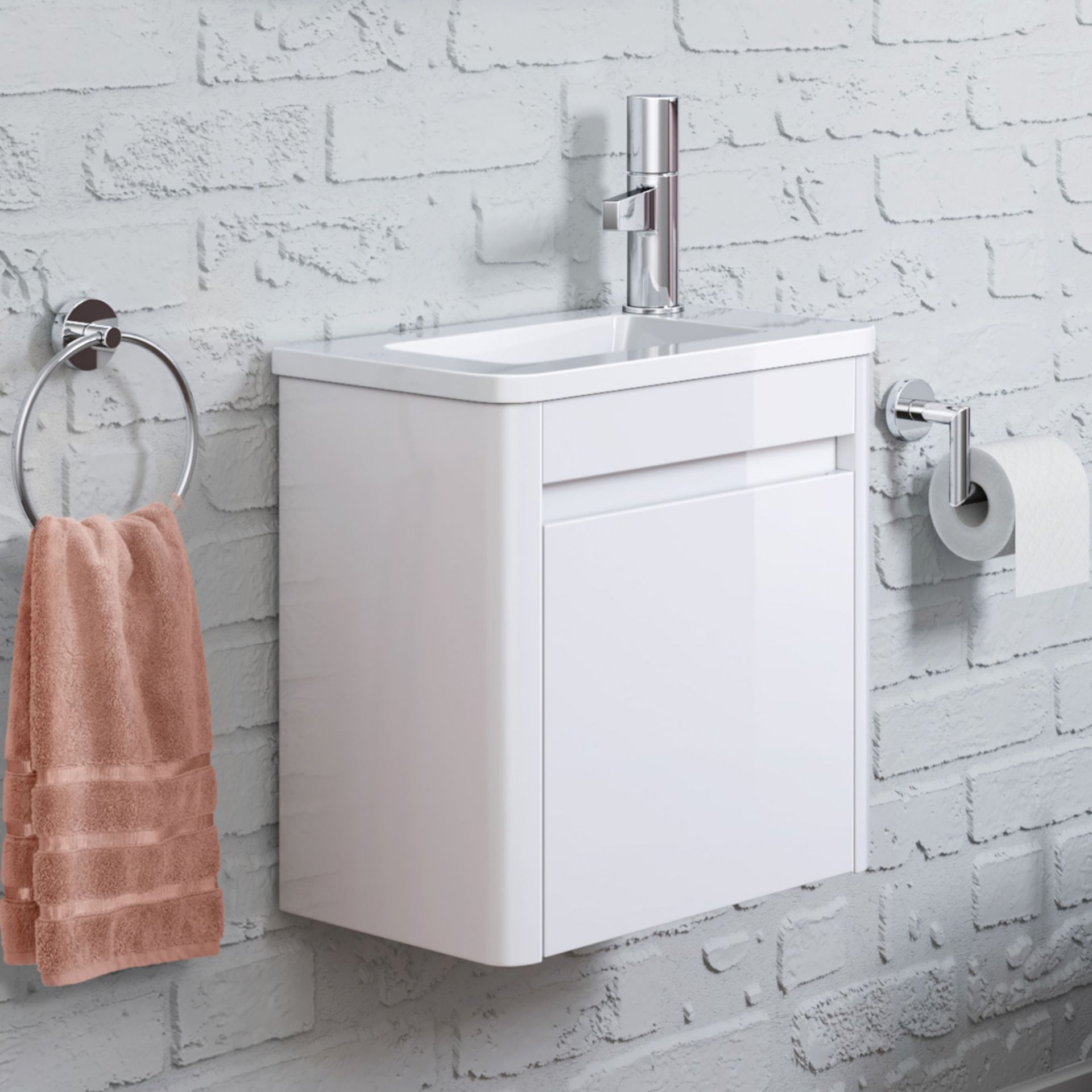 (PP24) 400mm Denver White Right Hand Cloakroom Vanity Unit - Wall Hung. RRP £299.99. Comes com...