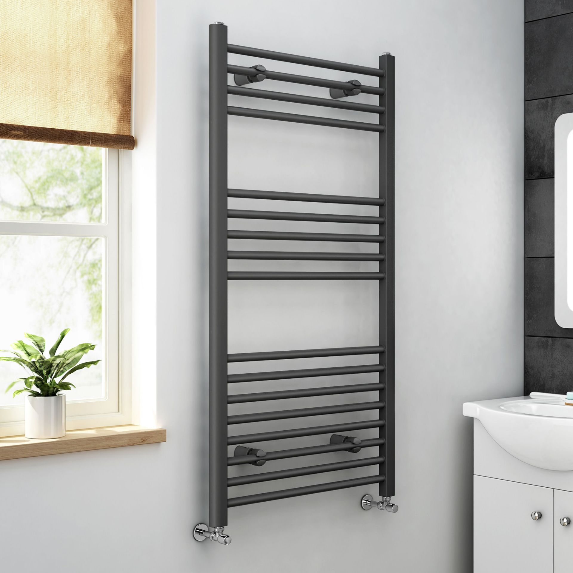(PP13) 1200x600mm - 20mm Tubes - Anthracite Heated Straight Rail Ladder Towel Radiator. RRP £2...