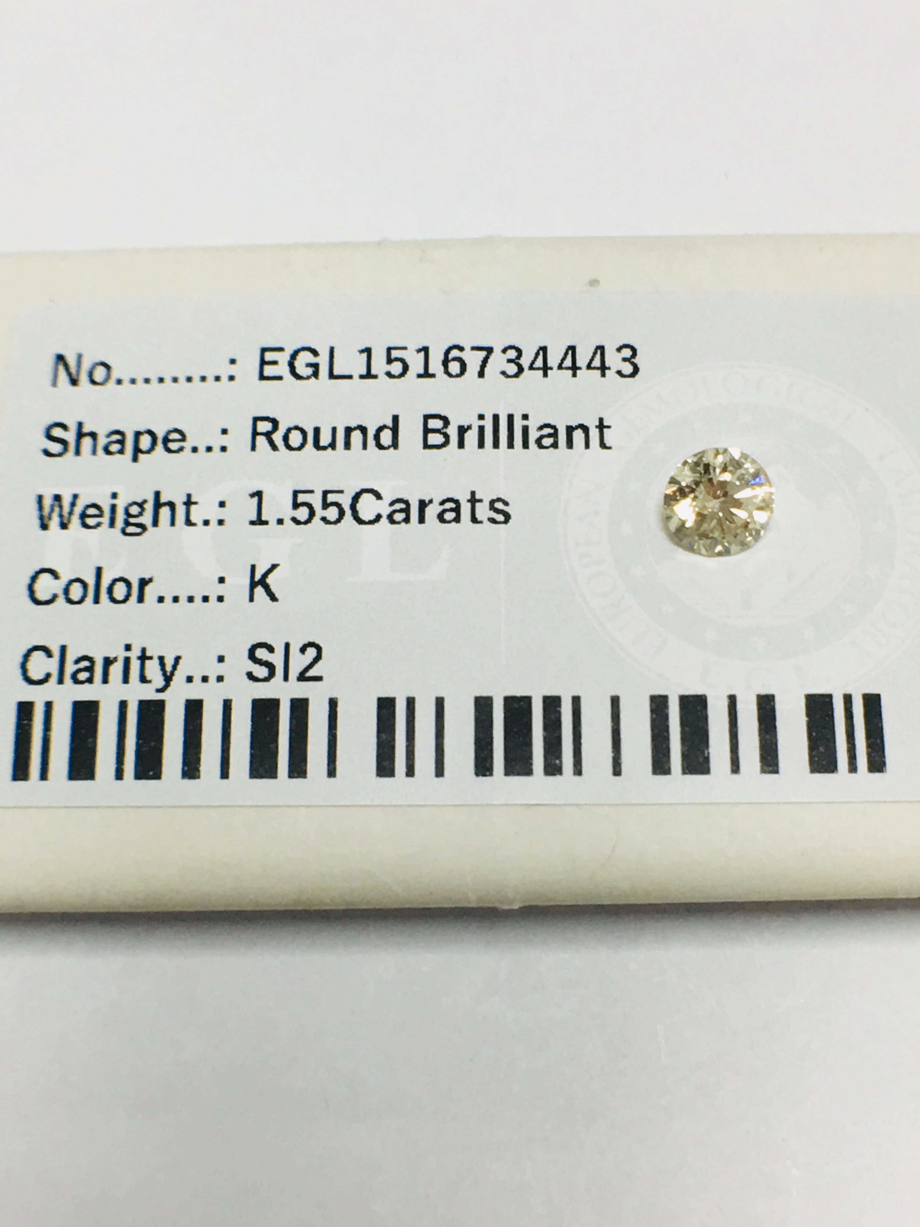 1.55ct Natural Brilliant cut DiamondSI2 clarity,K colour,EGL certification,EGL1516734443 - Image 5 of 5