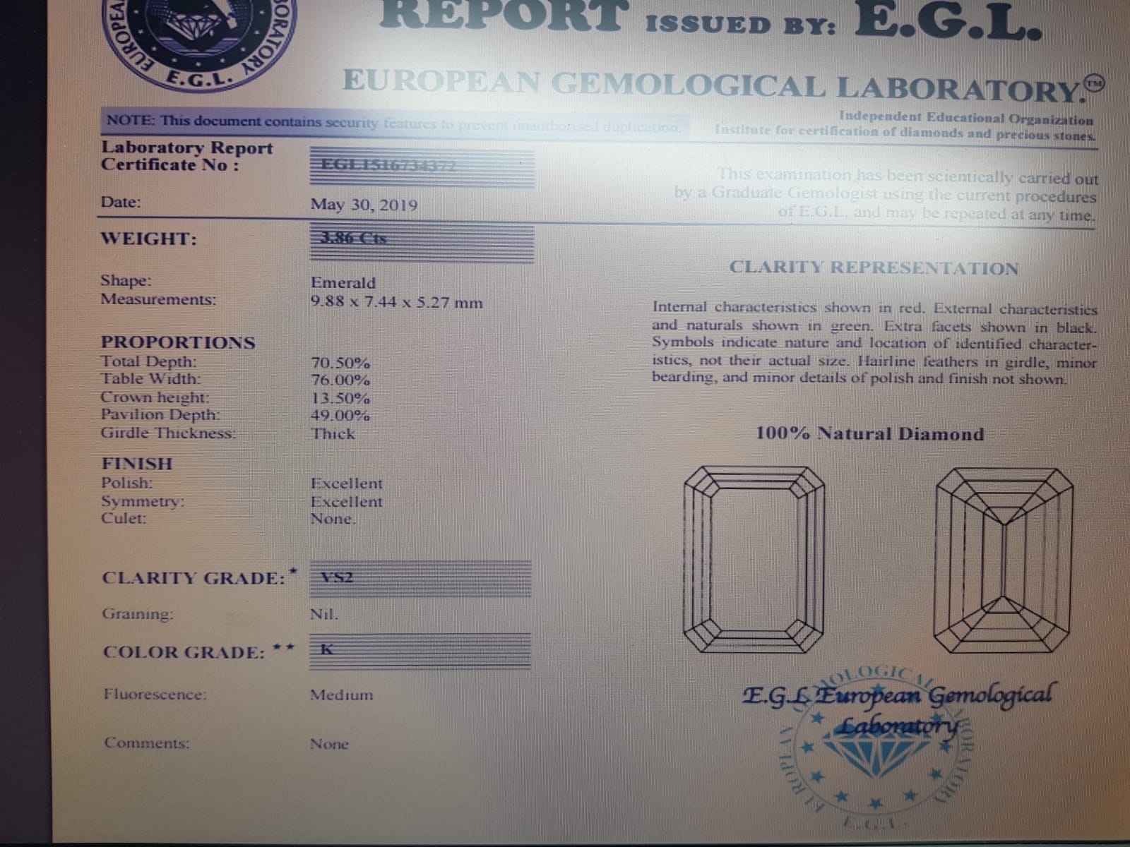 3.86ct Emerald Cut Diamond,Vs2 clarity,K colour,EGL CertificationEGL1516734222 - Image 5 of 5