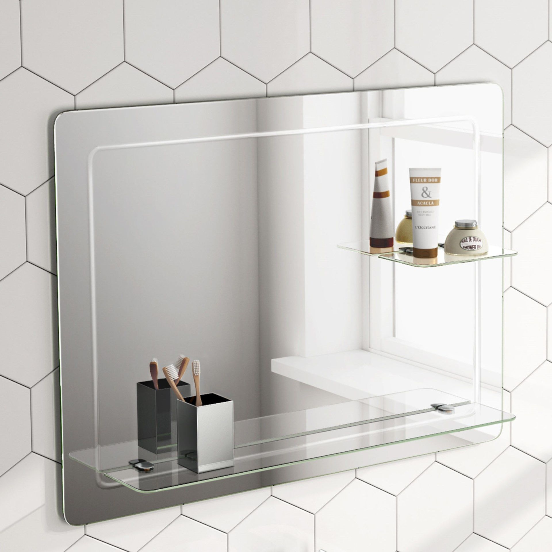(UK60) 800x600mm Loxely Mirror & Shelf. Smooth beveled edge for additional safety and style Two