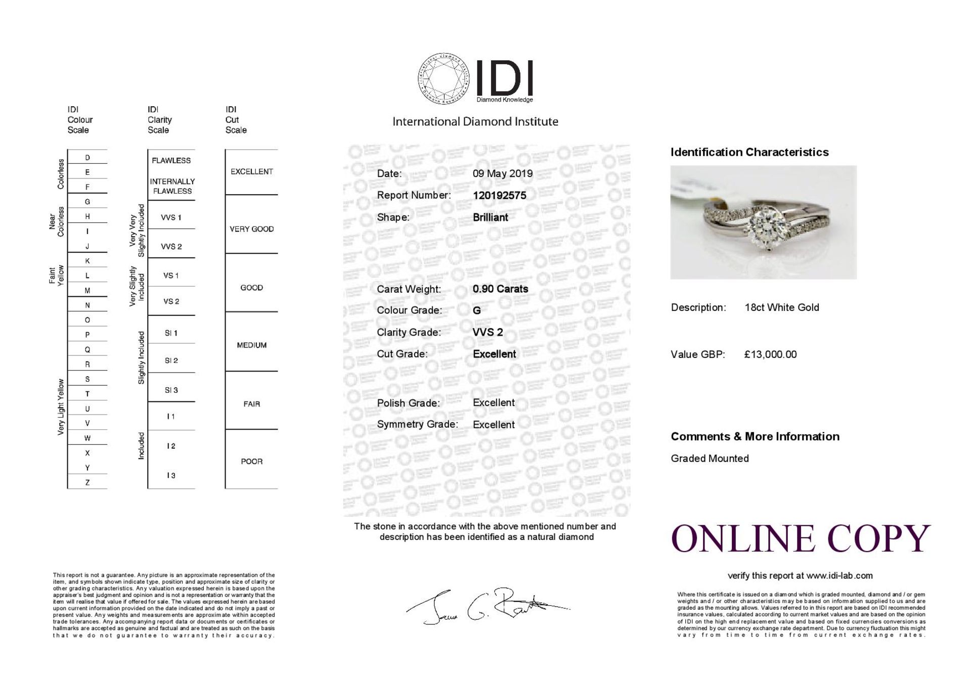 18ct White Gold Single Stone Prong Set With Stone Set Shoulders Diamond Ring 1.20 - Image 3 of 3