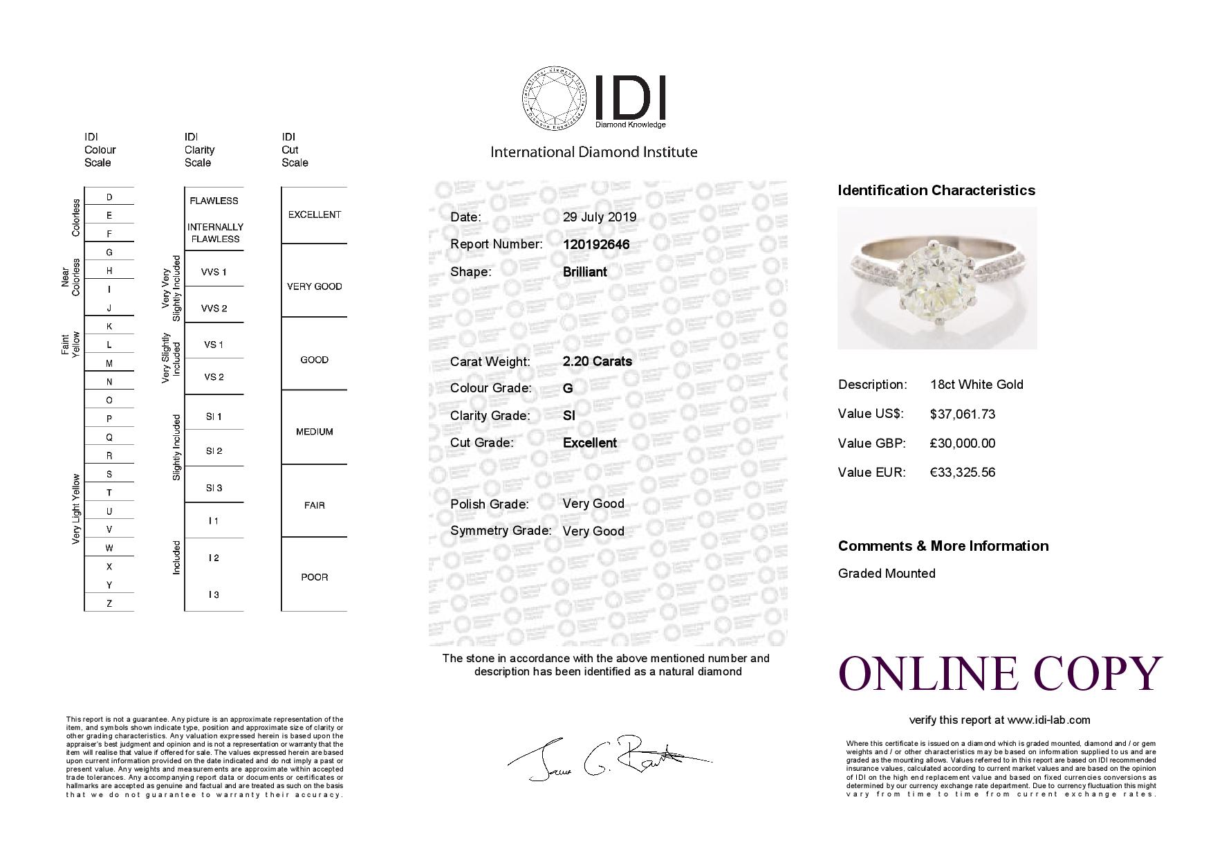 18ct White Gold Single Stone Prong Set With Stone Set Shoulders Diamond Ring 2.20 - Image 5 of 5