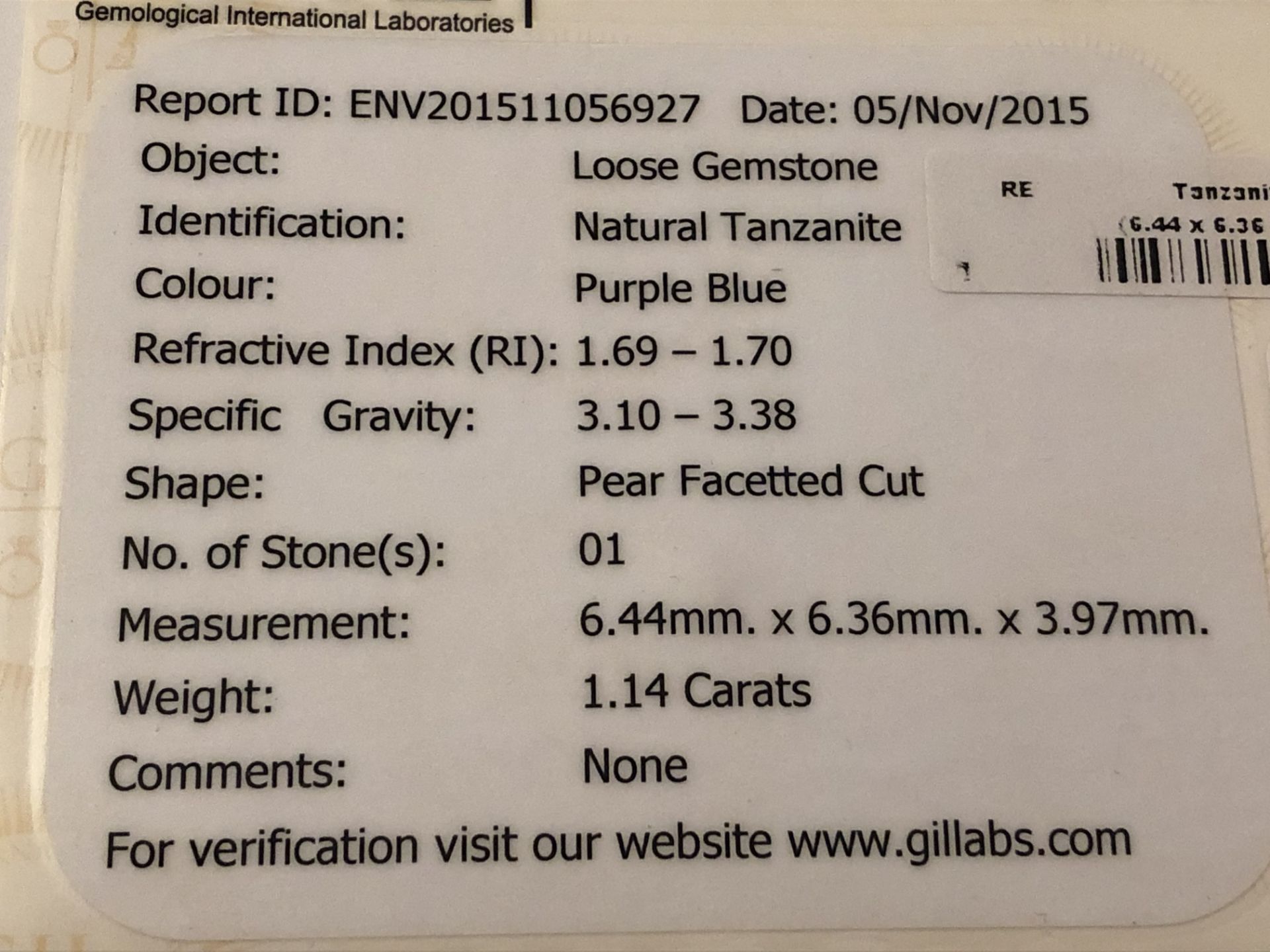 1.14ct Natural Tanzanite with GIL Certificate