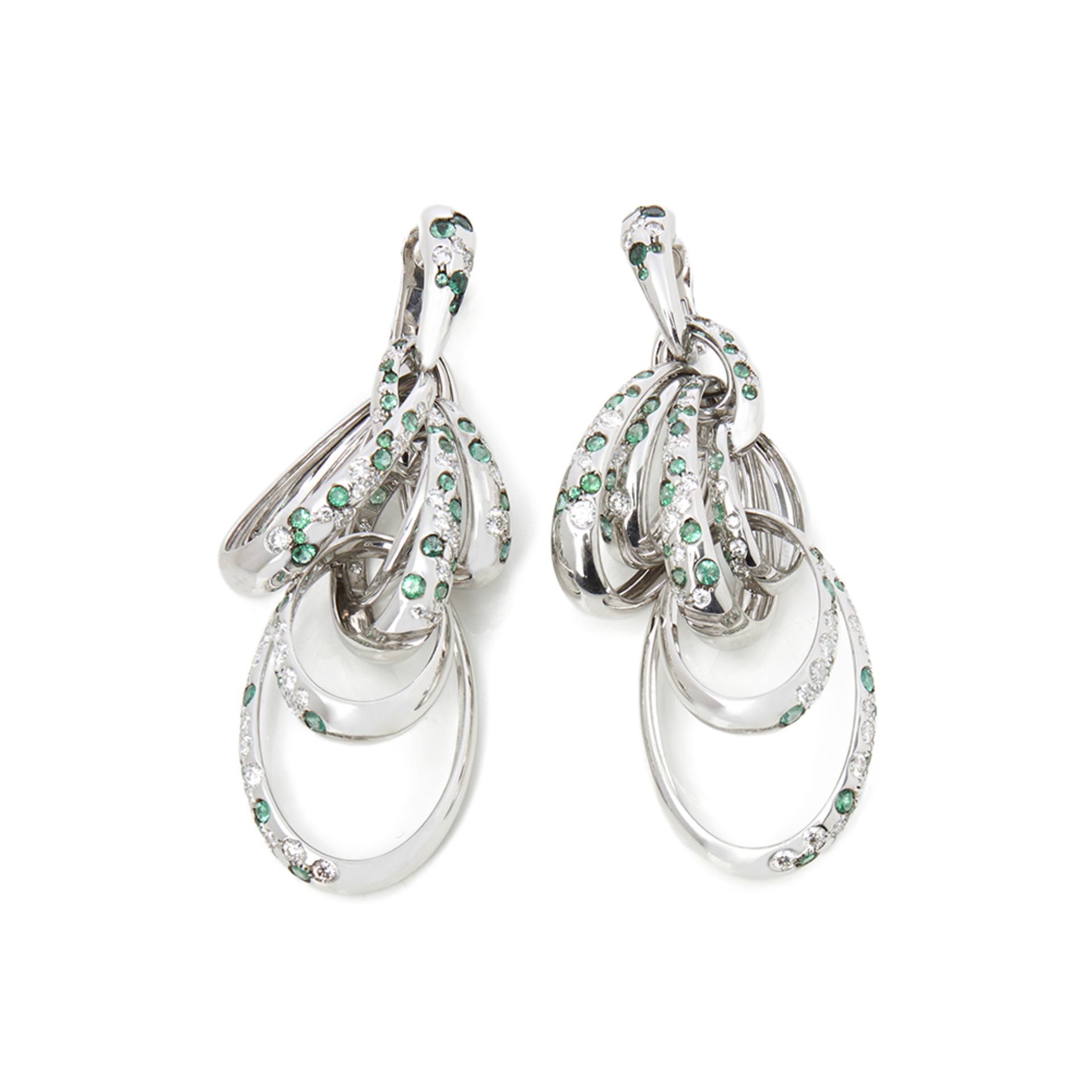 18k White Gold Diamond & Emerald Drop Catene Earrings