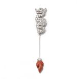 18k White Gold Diamond & Coral Dragon Jabot Pin