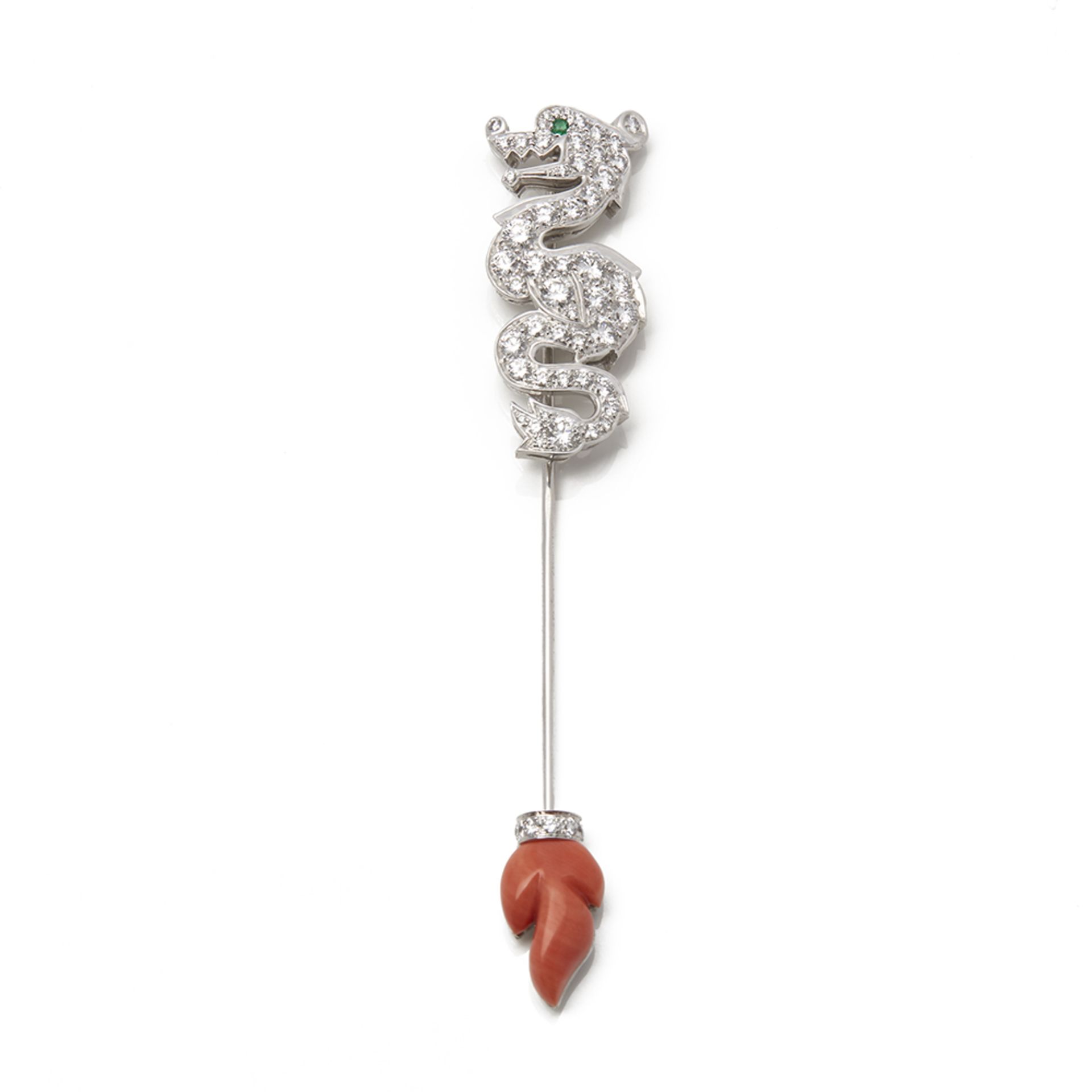 18k White Gold Diamond & Coral Dragon Jabot Pin