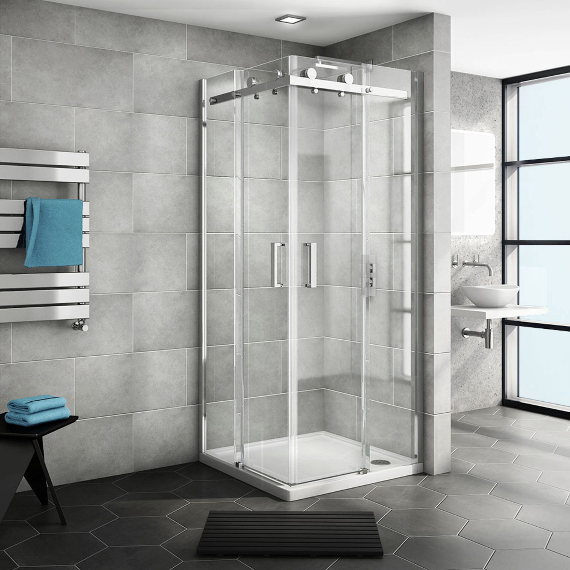 (XX61) 800x800mm Square Polished silver corner entry shower enclosure. RRP £330.00. The space ...