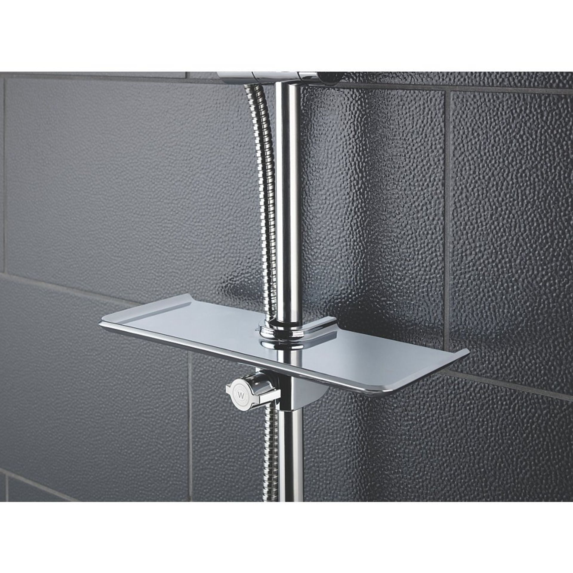 (XX69) Shower Storage Shelf Chrome Plated. Universal storage shelf with adjustable zinc clamp f...