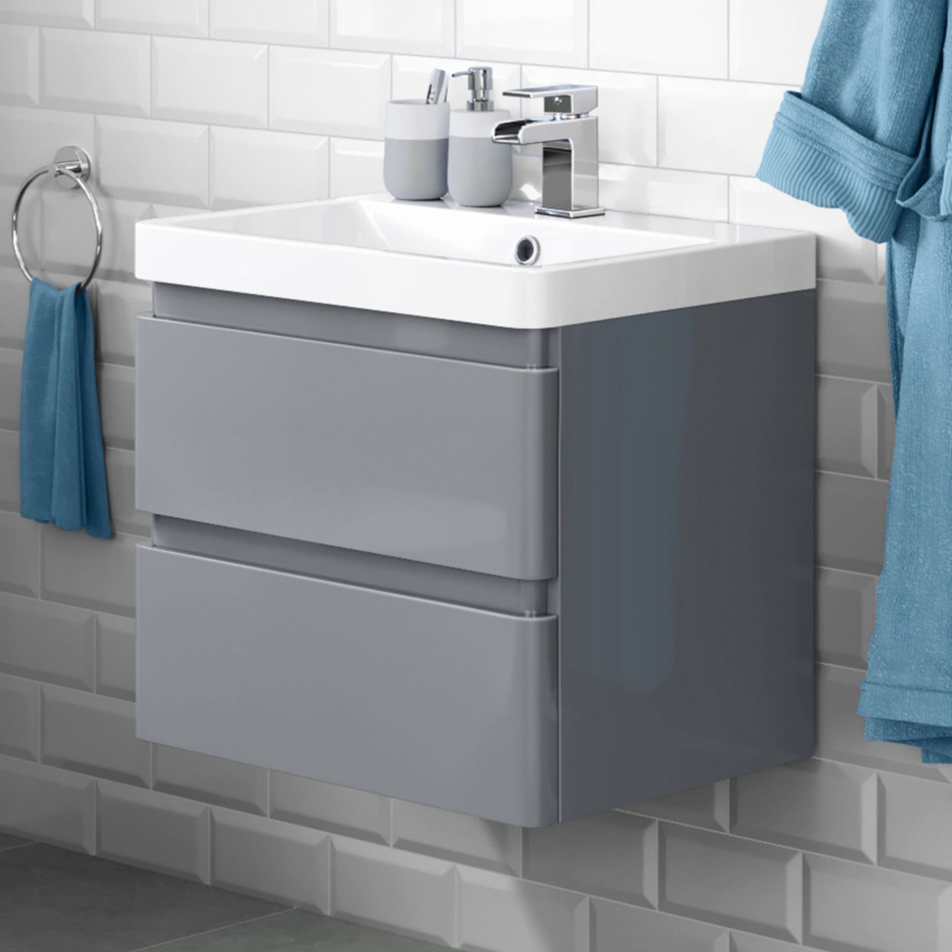 (CT51) 600mm Denver Gloss Grey Built In Basin Drawer Unit - Wall Hung. RRP £254.99. Comes complete