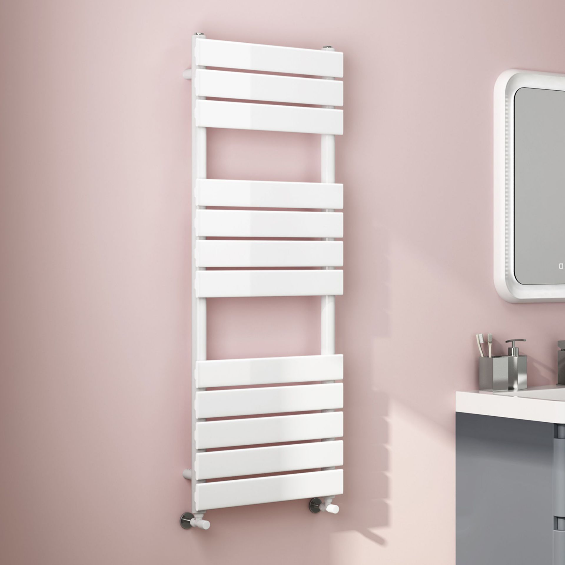 (CT275)1200x450mm White Flat Panel Ladder Towel Radiator. RRP £182.99. Made from low carbon steel - Image 2 of 5