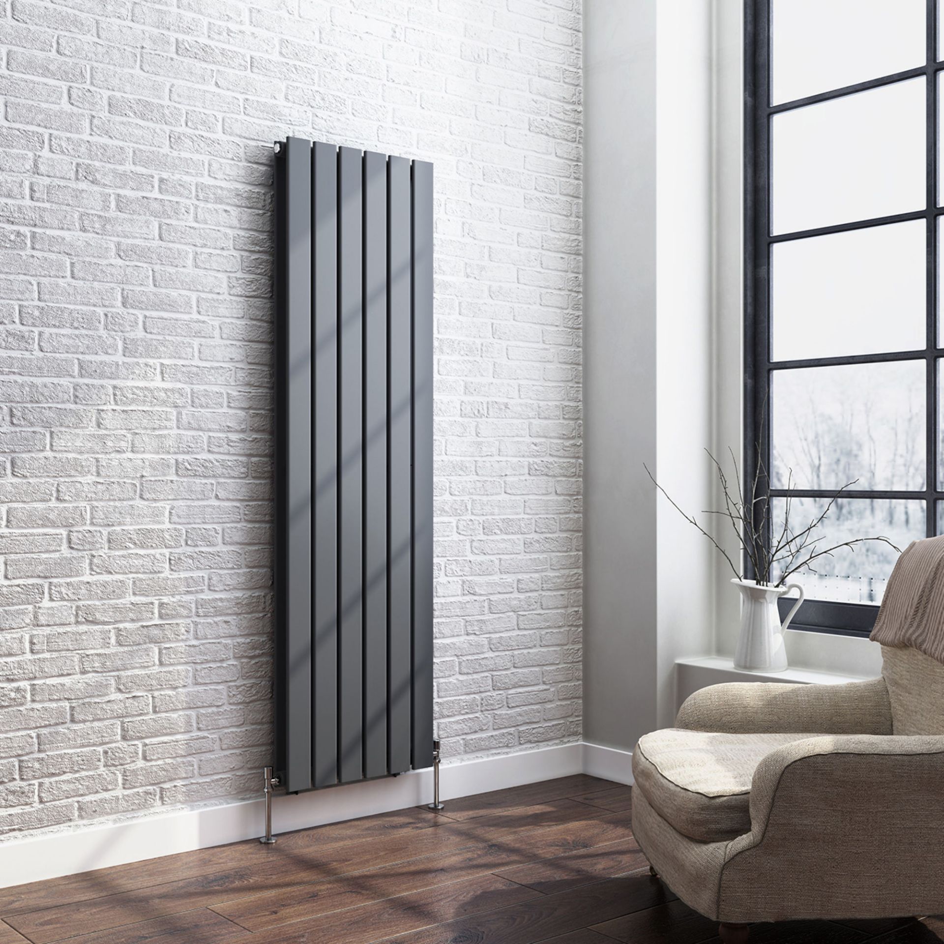 1600x480mm Anthracite Double Flat Panel Vertical Radiator. RRP £458.99. Made with low carbon steel - Image 2 of 3