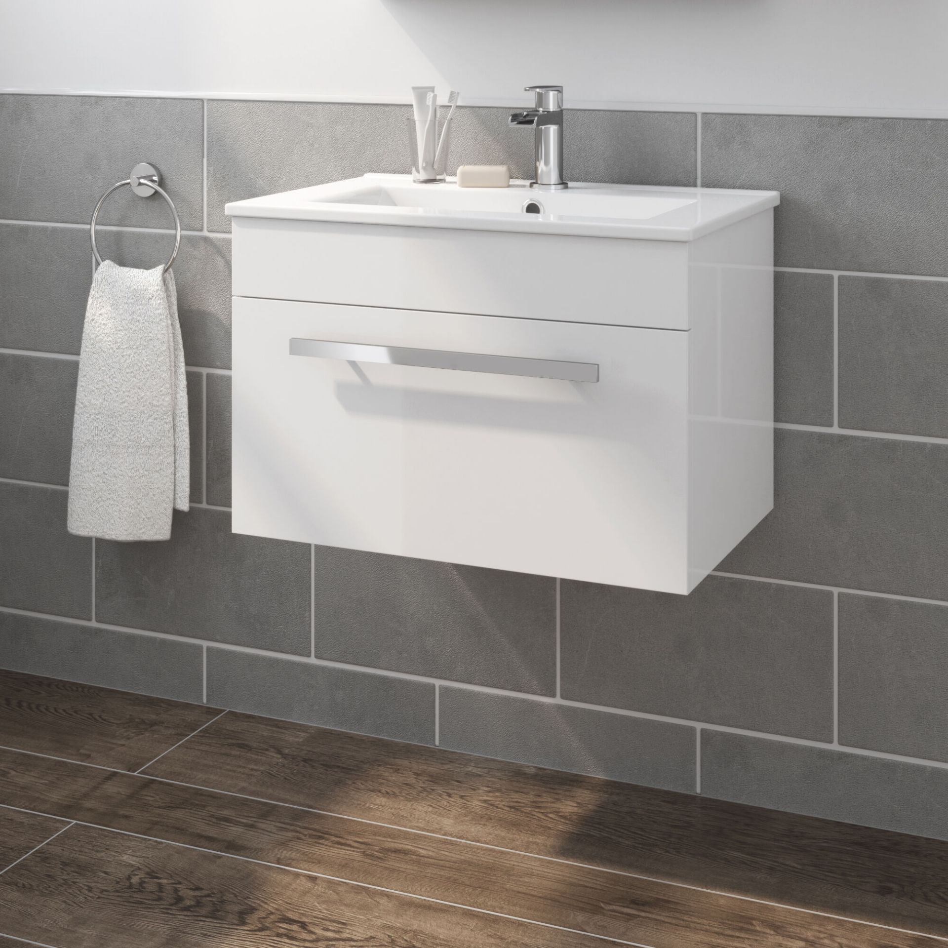 (DW42) 600mm Avon High Gloss White Sink Cabinet - Wall Hung. RRP £499.99. Comes complete with ...