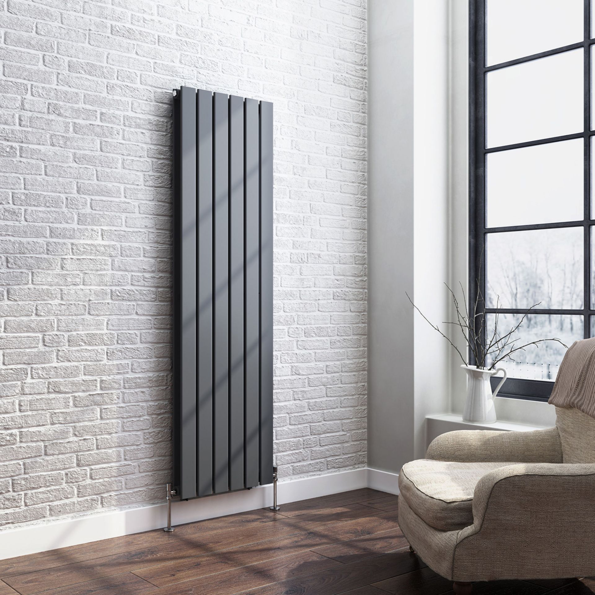 1600x480mm Anthracite Double Flat Panel Vertical Radiator. RRP £458.99. Made with low carbon steel - Image 2 of 5