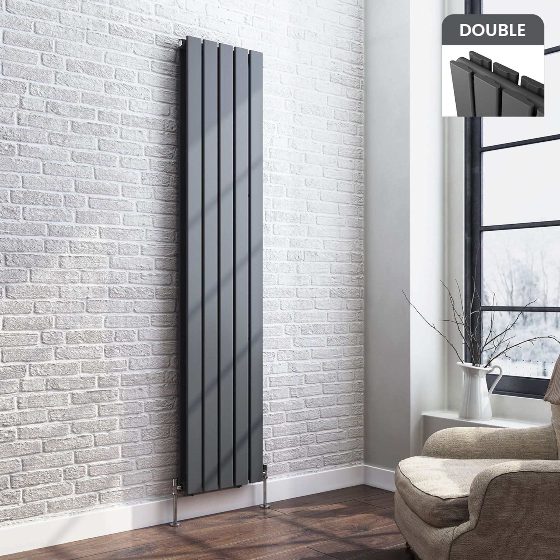 1600x360mm Anthracite Double Flat Panel Vertical Radiator. RRP £444.99. Made with low carbon steel - Image 4 of 10
