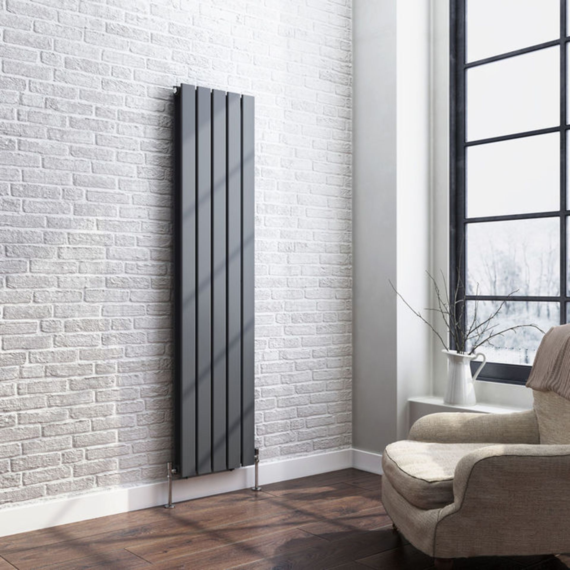 1600x360mm Anthracite Double Flat Panel Vertical Radiator. RRP £431.99. Made with low carbon steel - Image 2 of 3