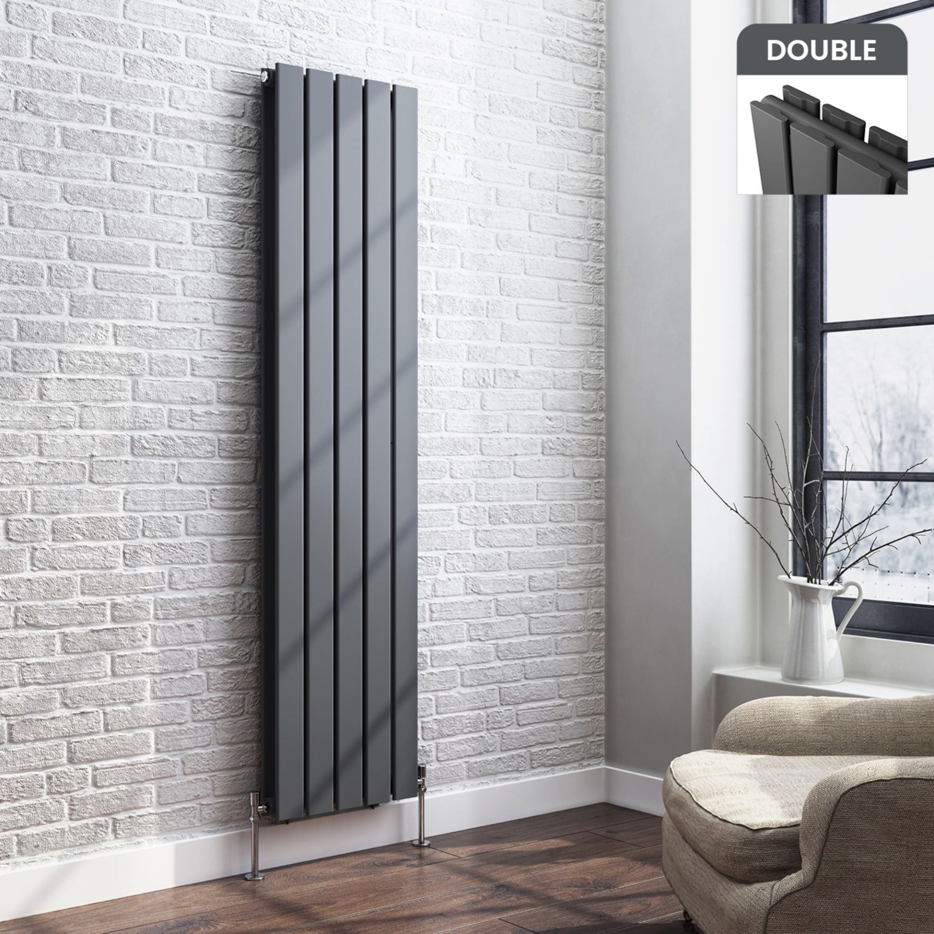 1600x360mm Anthracite Double Flat Panel Vertical Radiator. RRP £431.99. Made with low carbon - Image 2 of 6