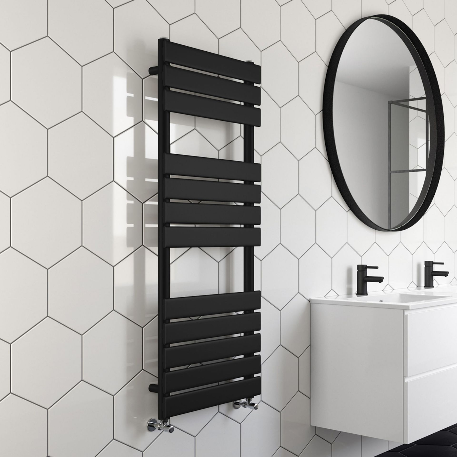 (DW258) 1200x450mm Matte Black Flat Panel Ladder Towel Radiator. RRP £349.99. Made with low ca...