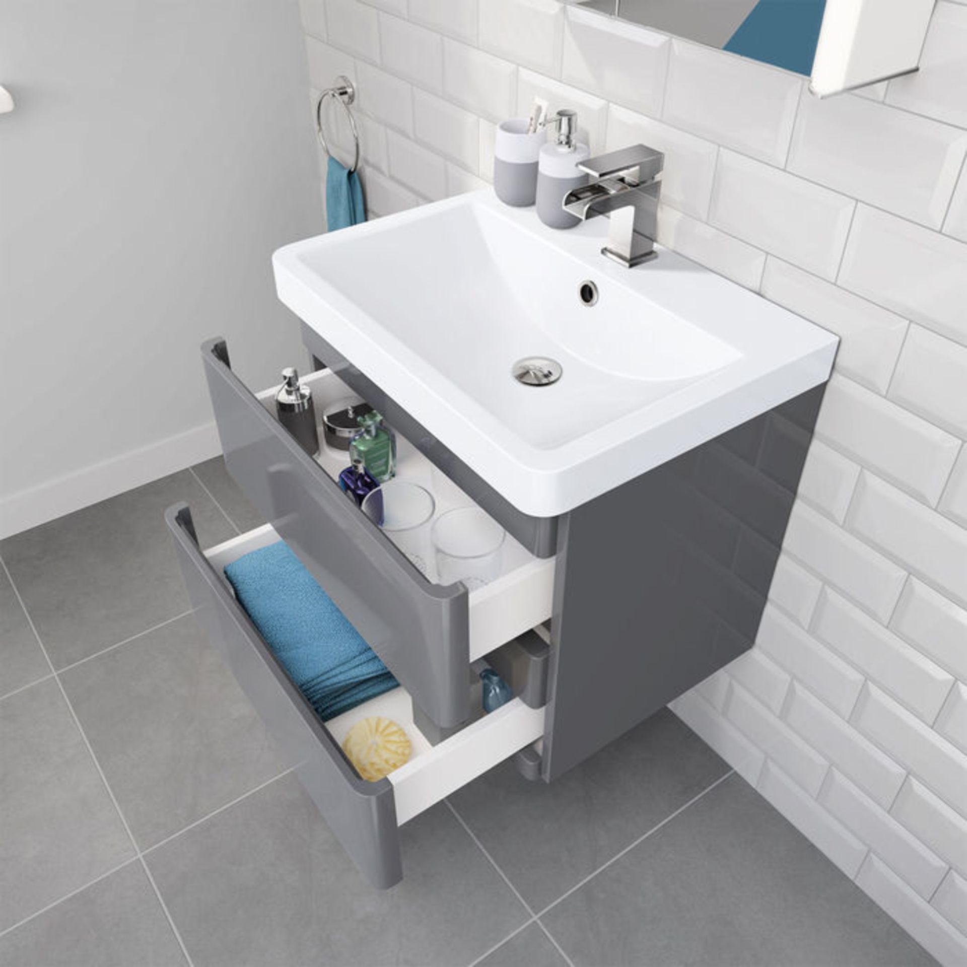 (CT51) 600mm Denver Gloss Grey Built In Basin Drawer Unit - Wall Hung. RRP £254.99. Comes complete - Image 2 of 4