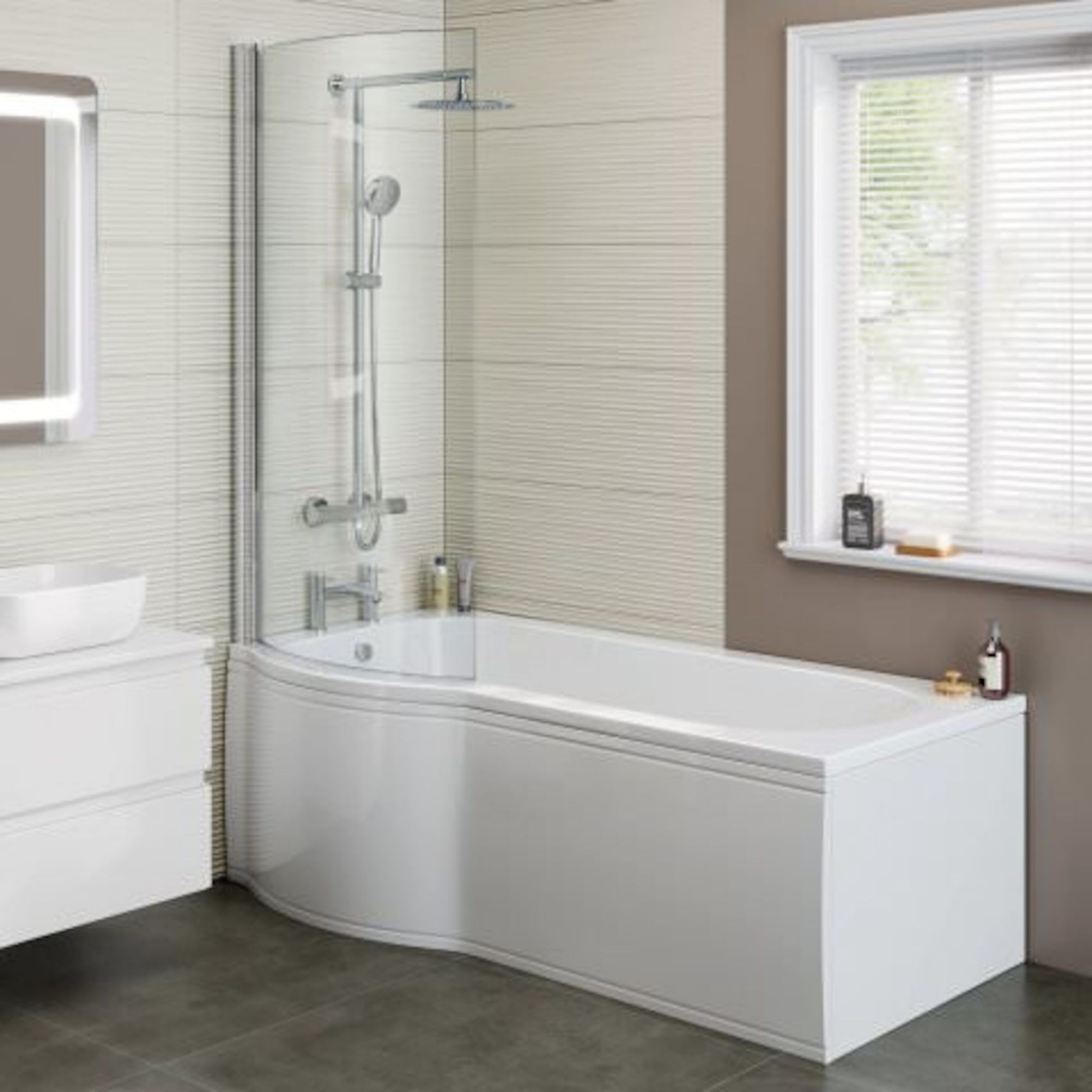 (XX4) 1500x800mm - Left Hand P-Shaped Bath with Screen & Front Panel. 5mm of high gloss acrylic...
