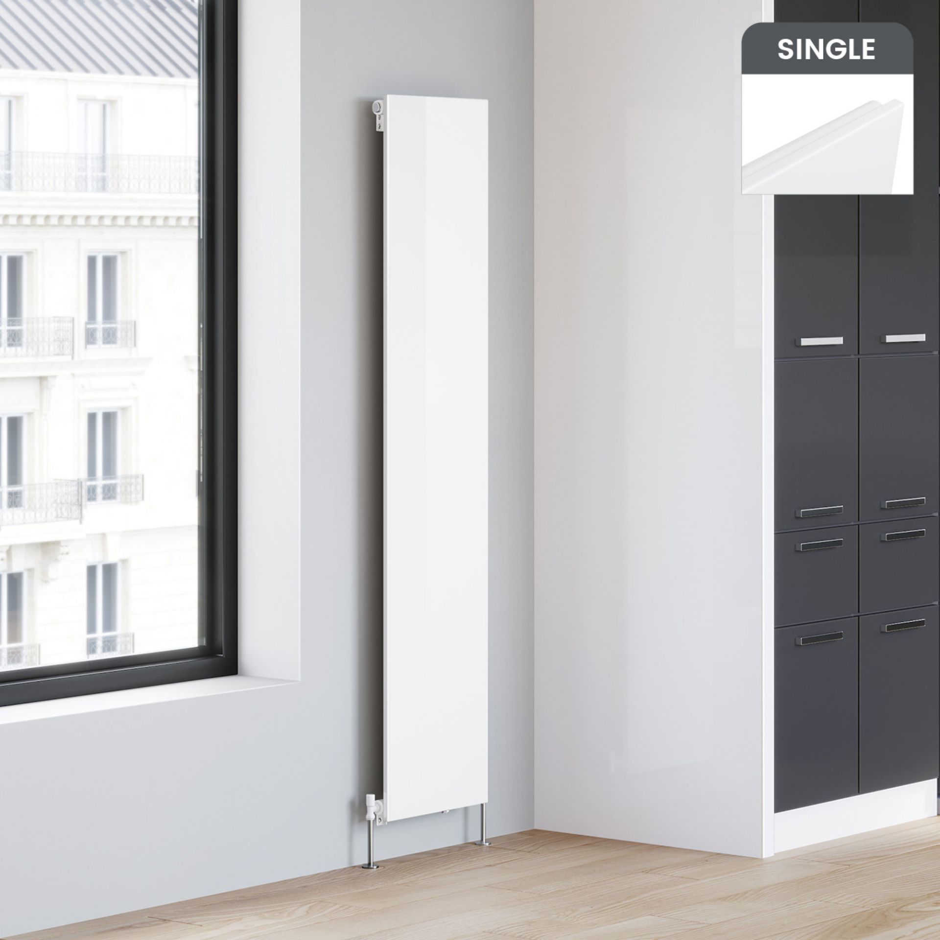 (EW297) 1813x 385mm Ultra Slim Design Radiator Vertical High Gloss White. RRP £295.99. Made from