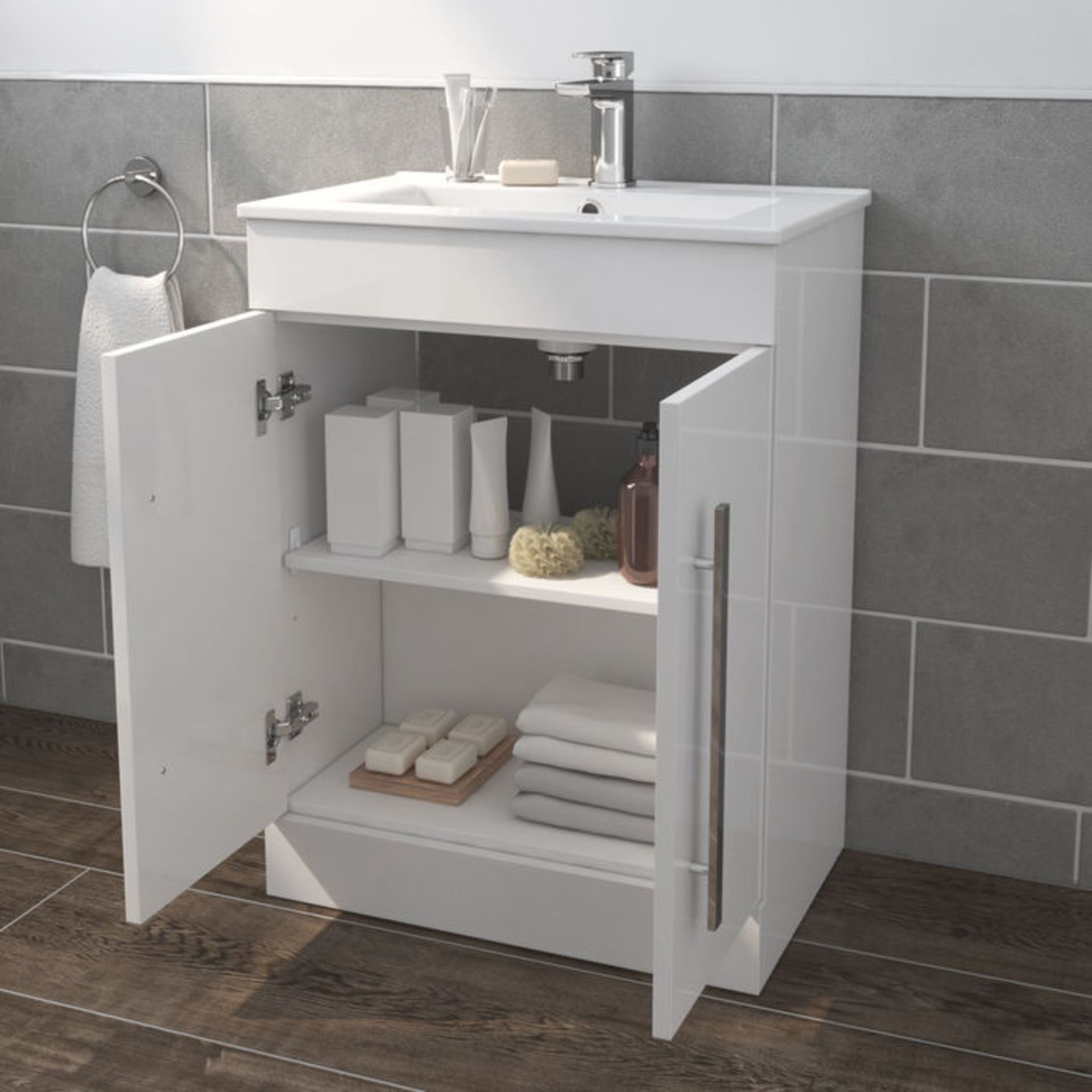 (A67) 600mm Avon High Gloss White Sink Cabinet - Floor Standing. Comes complete with basin. Re... - Image 2 of 5