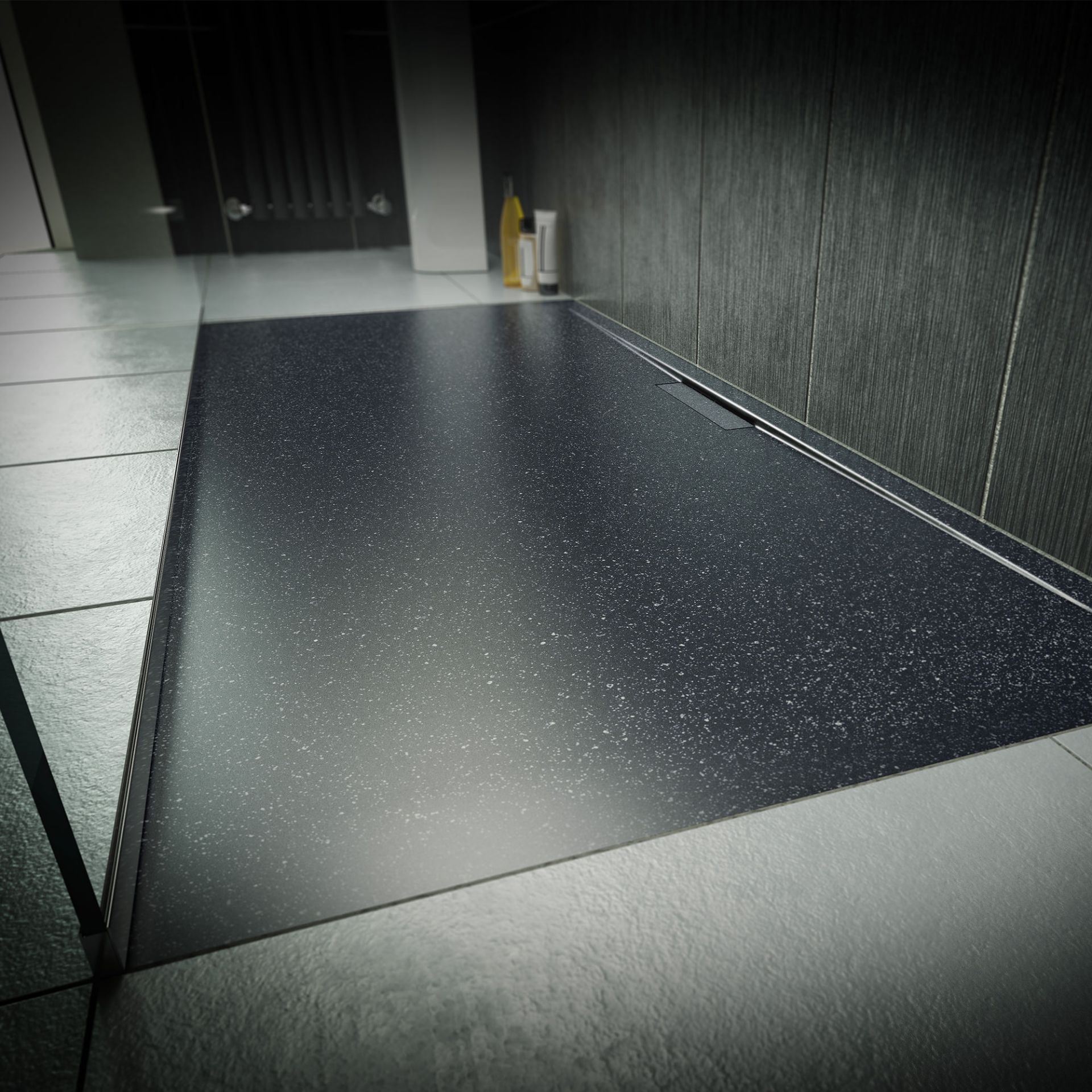 (MQ47) 1200x800mm Luxe Ultra Slim Stone Shower Tray & Hidden Waste - Black. Manufactured in the...