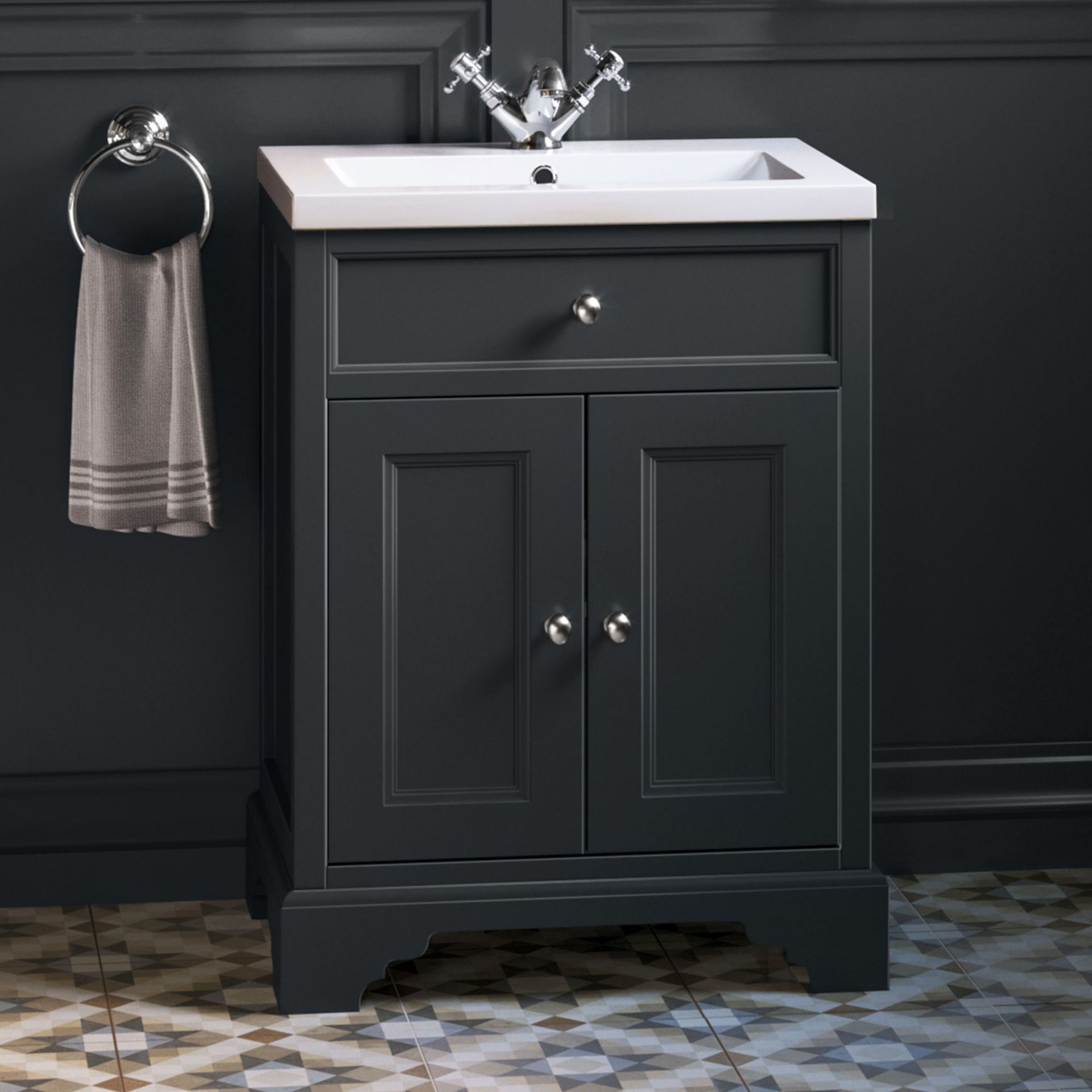 (MQ27) 600mm Loxley Charcoal Vanity Unit - Floor Standing. RRP £799.99. Comes complete with ba...