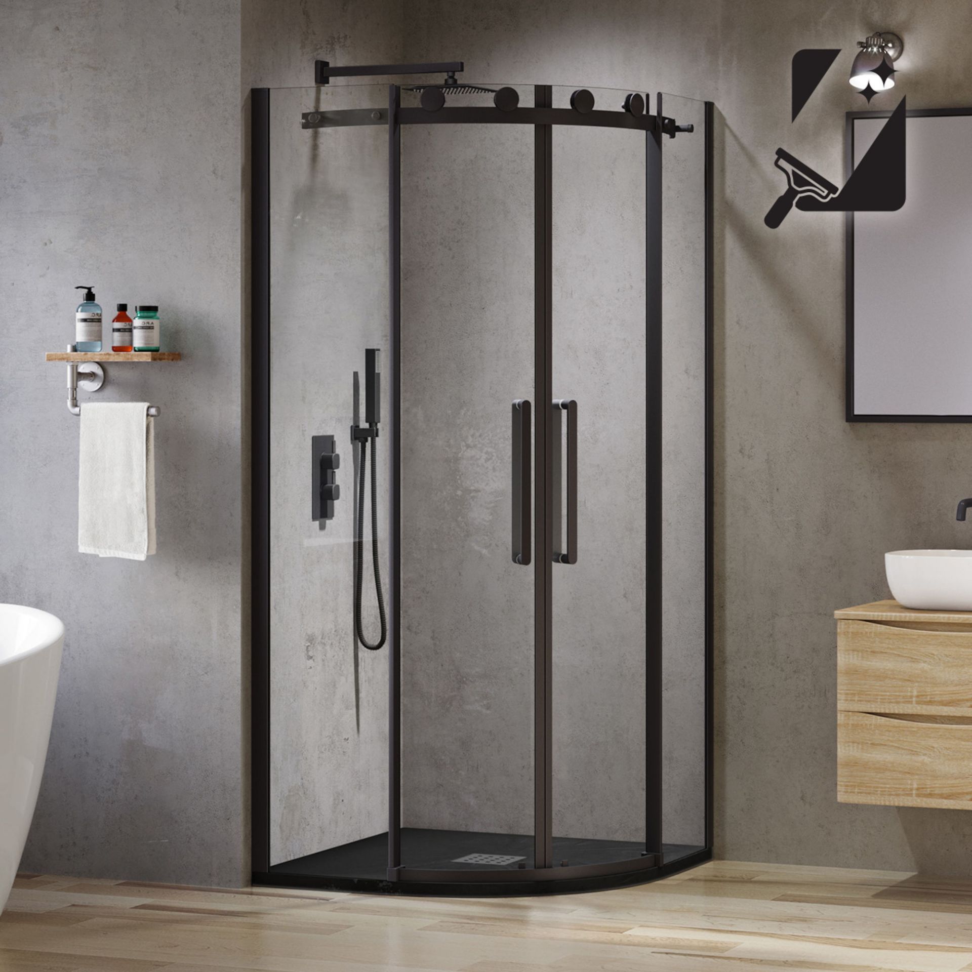 (MQ76) 900x900mm - 8mm - Designer Black Frameless EasyClean Quadrant Shower Enclosure. RRP £49...