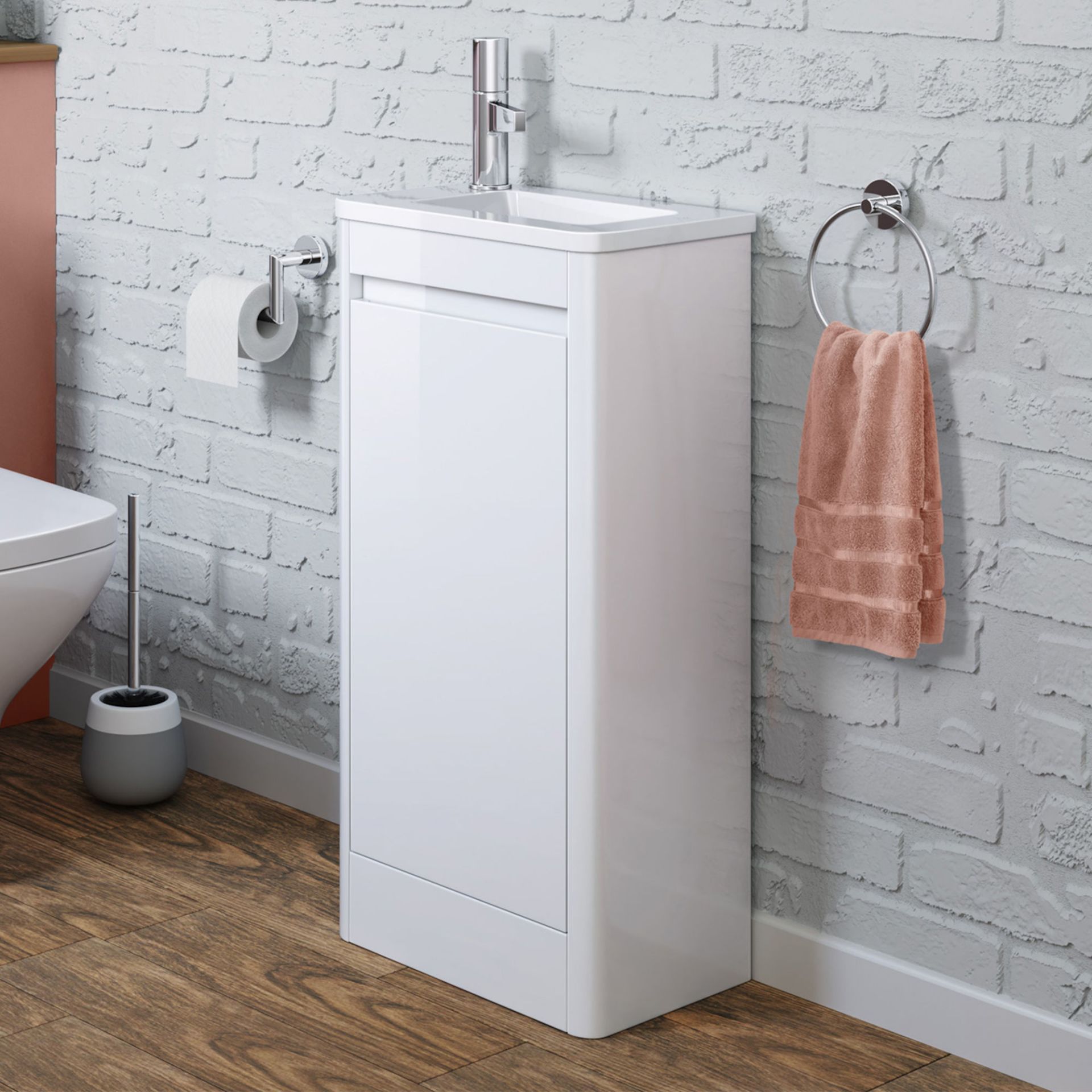 (MQ31) 400mm Denver White Left Hand Cloakroom Vanity Unit - Floorstanding. RRP £299.99. Comes...