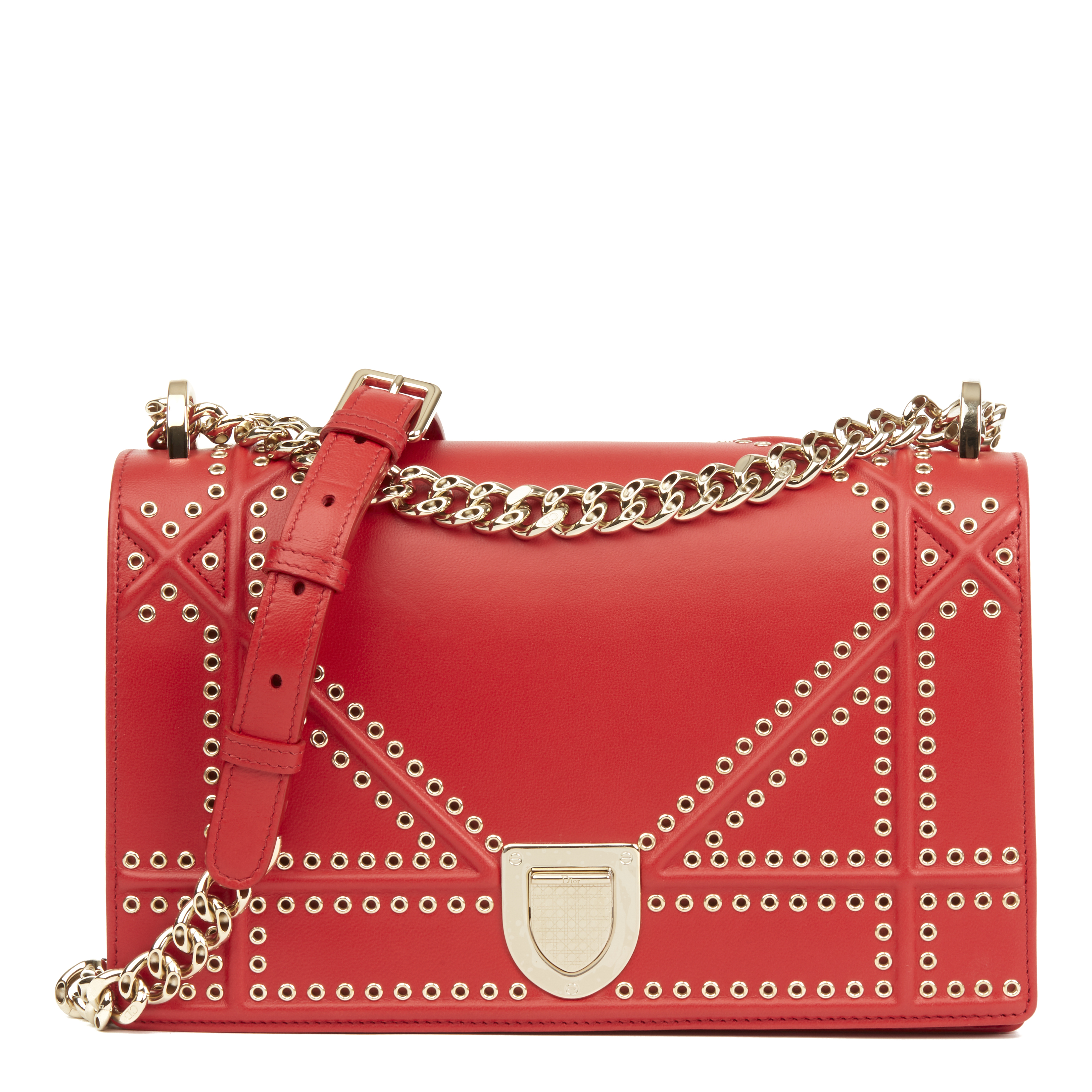 Red Lambskin Eyelet Diorama Flap Bag - Image 9 of 11