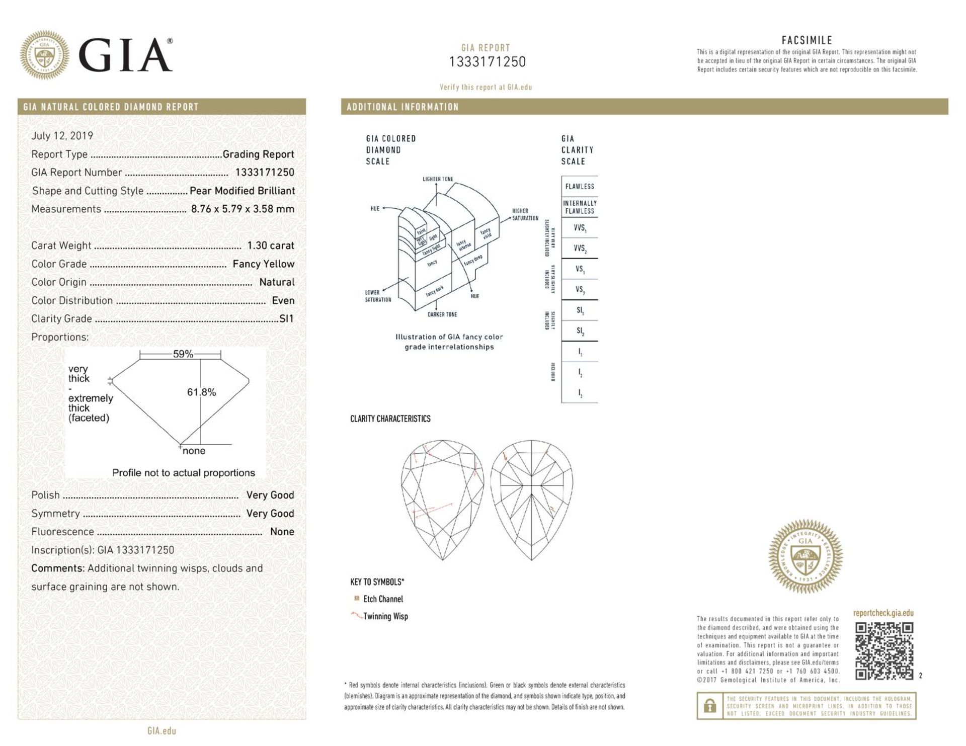 GIA Cert. 1.30 ct. Fancy Yellow Diamond - SI1 - Image 2 of 2