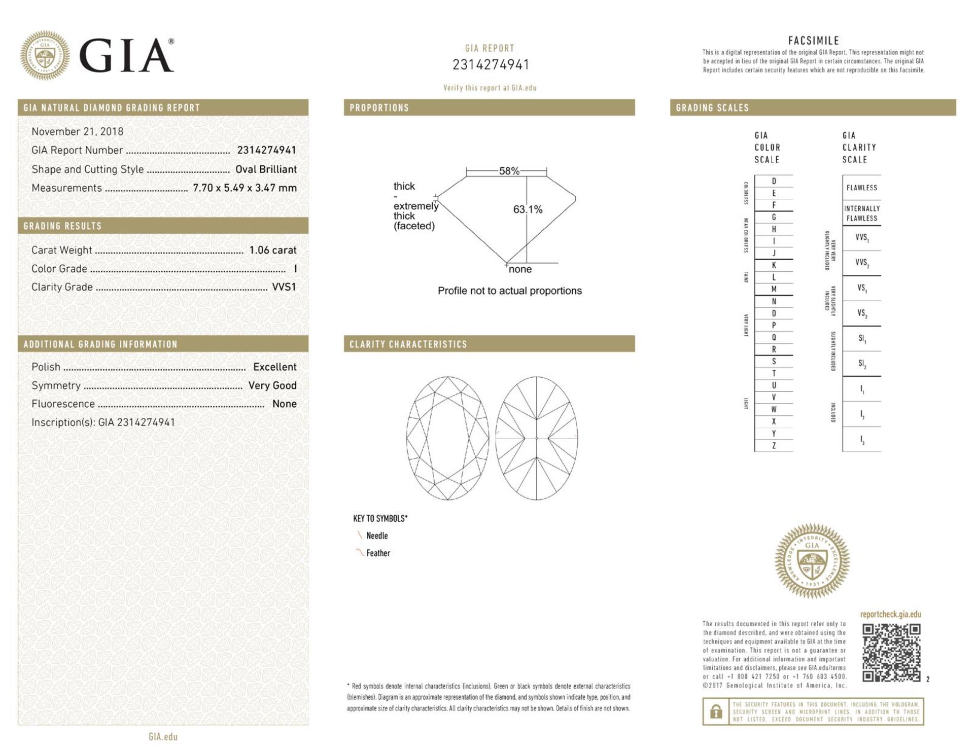 GIA Cert. 1.06 ct. Oval shape Diamond - I/VVS1 - Image 2 of 2