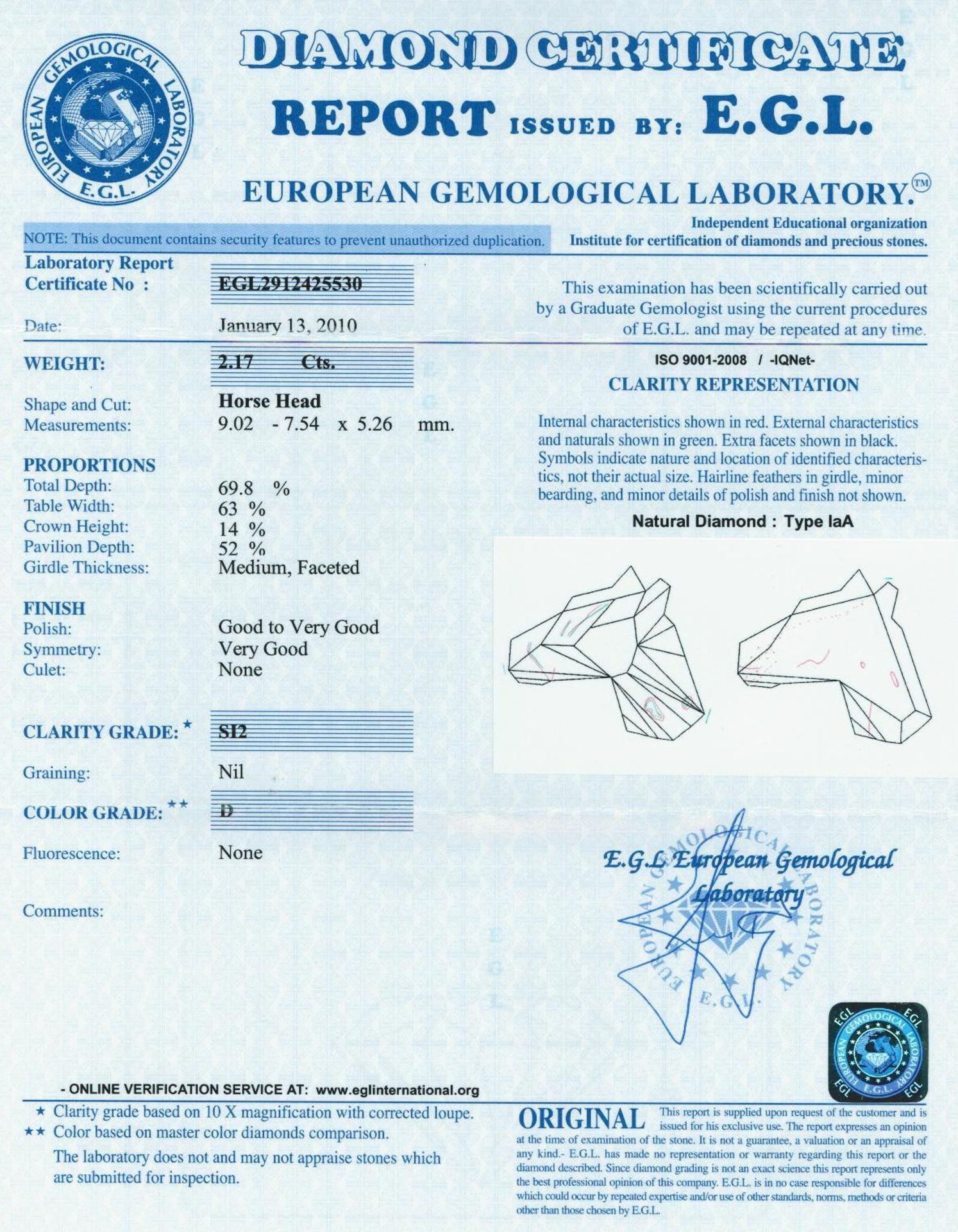 EGL Cert. 2.17 ct. Horse Head shape Diamond - D/SI2 - Image 2 of 2