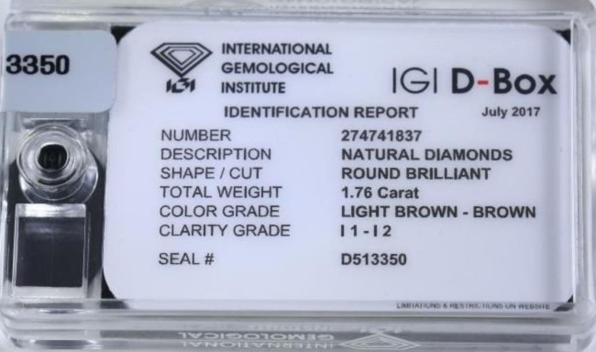 IGI Certified Sealed 1.76 Ct. Diamond "D Box" UNTREATED - Image 2 of 3