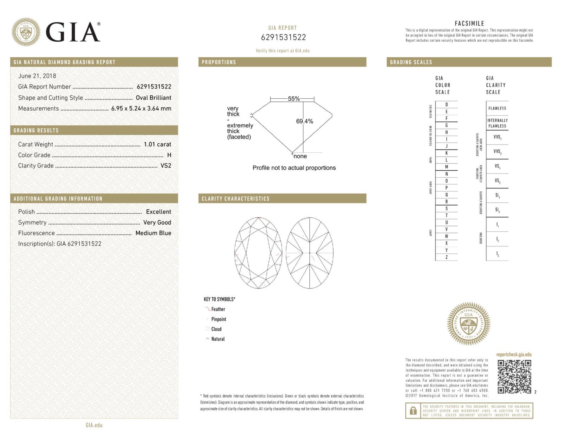 GIA Certified 1.01 ct. Diamond - H / VS2 - UNTREATED - Image 2 of 2