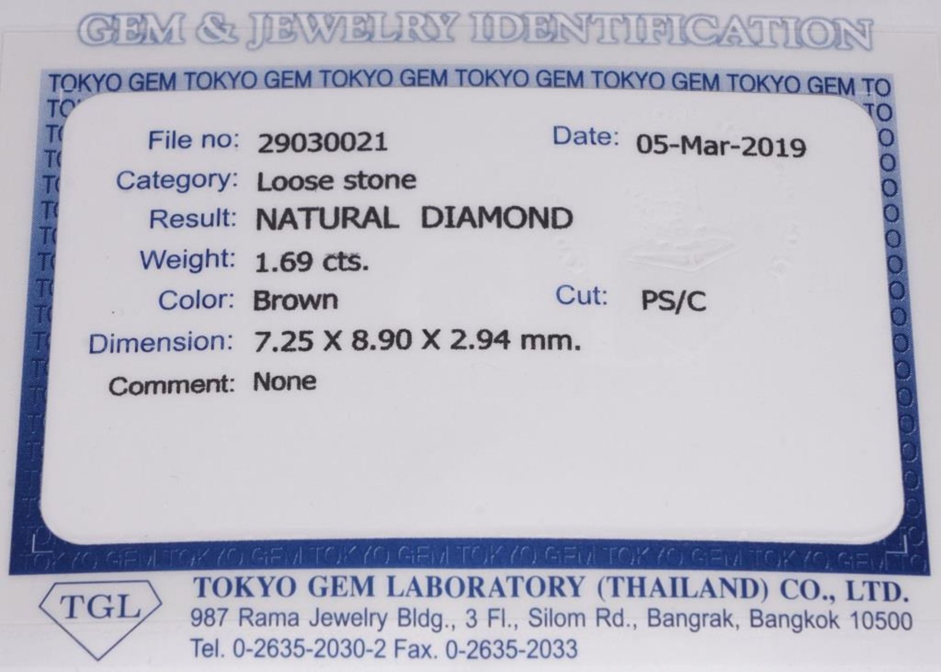 Tokyo Gem Lab Cert. Sealed 1.69 ct. Brown Diamond - Image 2 of 5