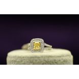 18ct White Gold Single Stone Intense Fancy Yellow With Double Halo Setting Ring 1.01