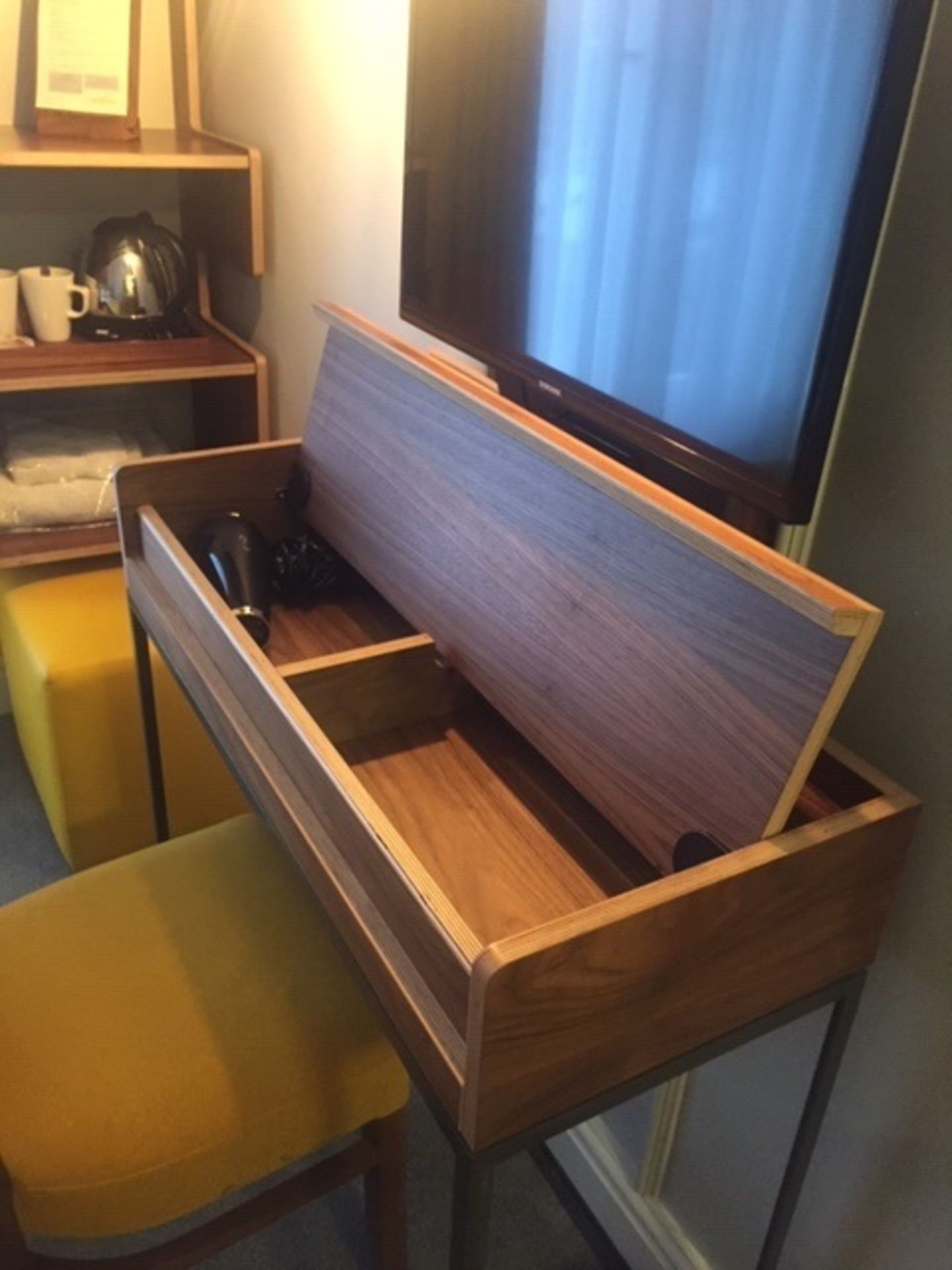 Slim line wood desk with lid for internal storage - matching other items listed. Commercial quality. - Image 2 of 3