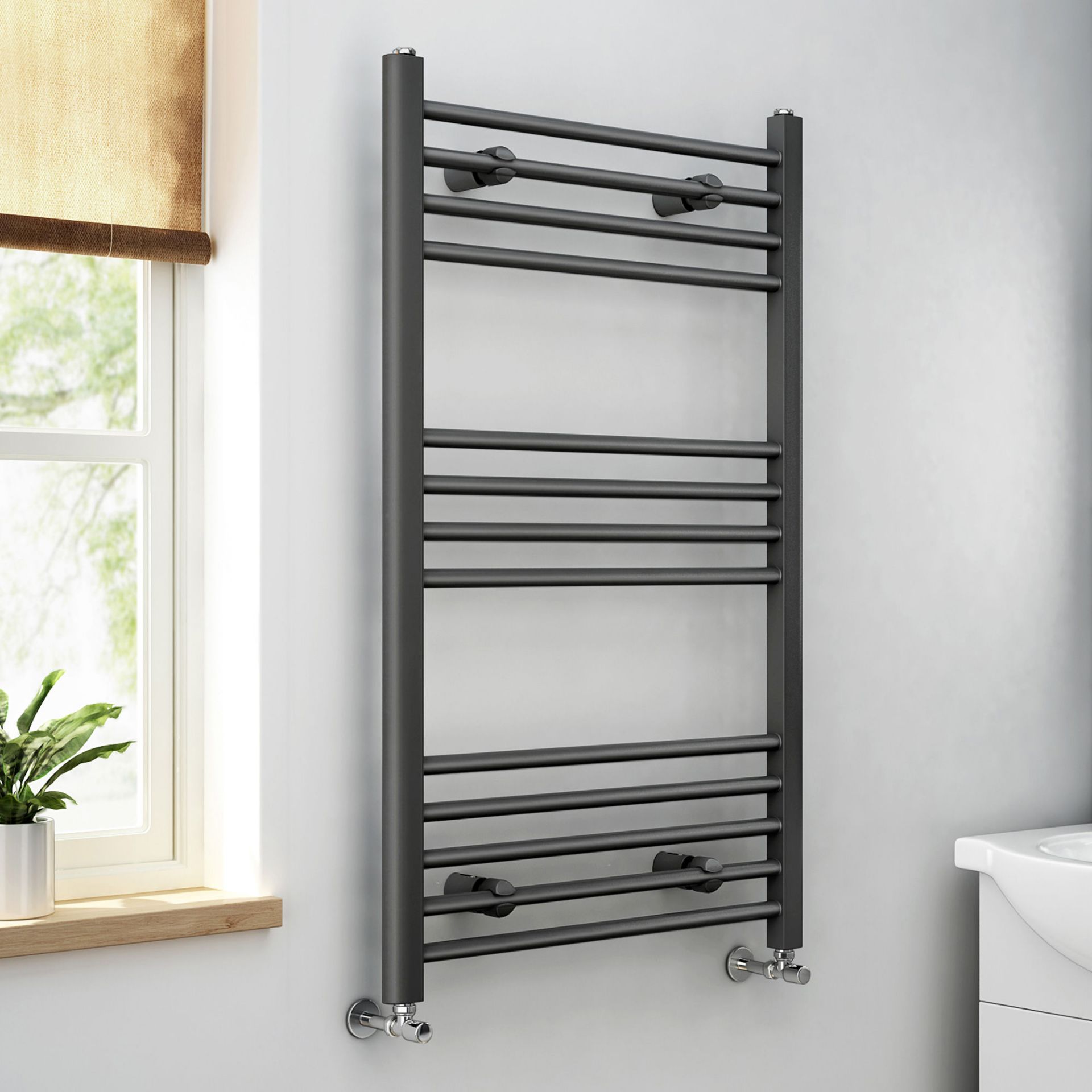 (DW251) 1000x600mm - 20mm Tubes - Anthracite Heated Straight Rail Ladder Towel Radiator. RRP £...