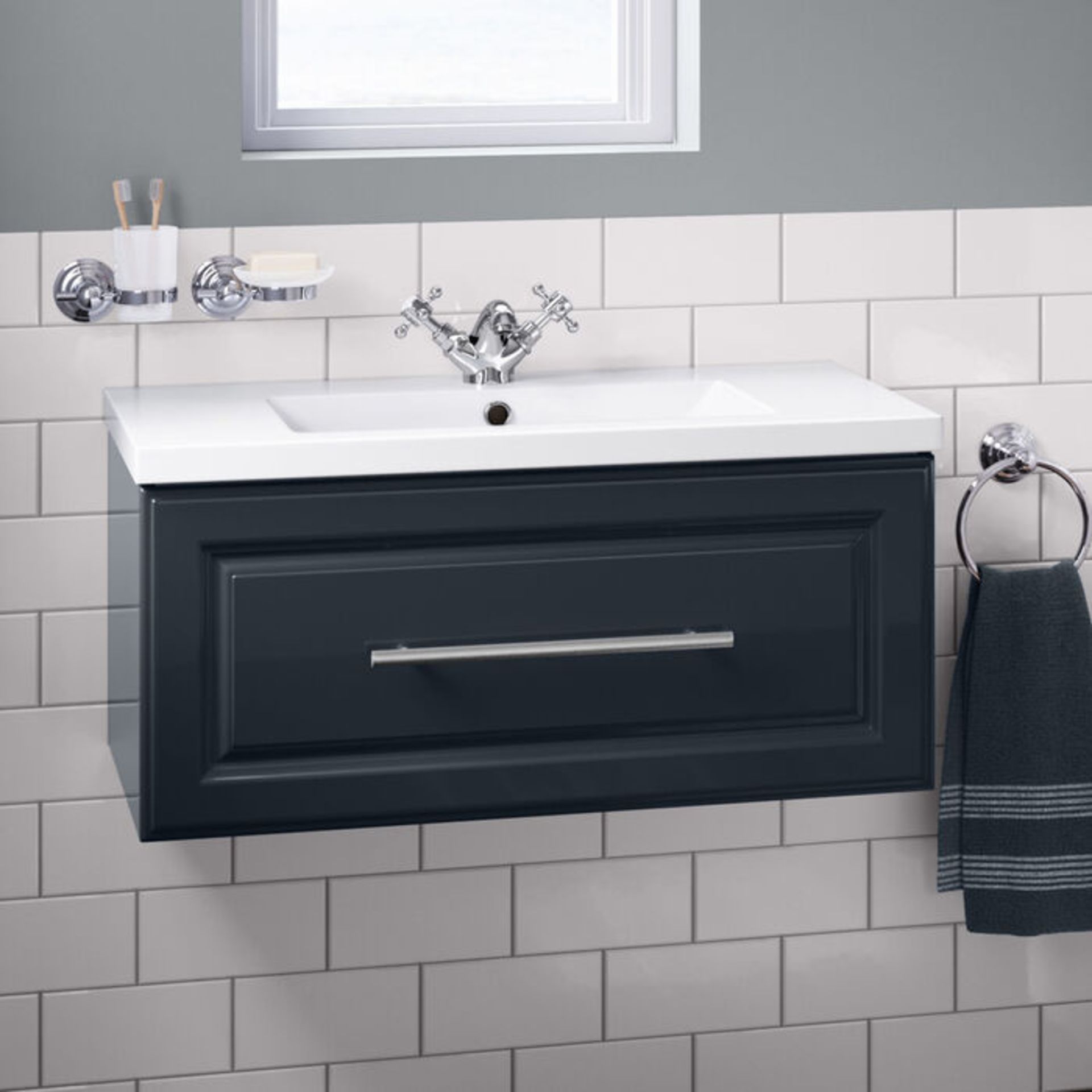 (RK5) 800mm Arden Gloss Black Blue Vanity Unit - Wall Hung. RRP £499.99. Comes complete with b...