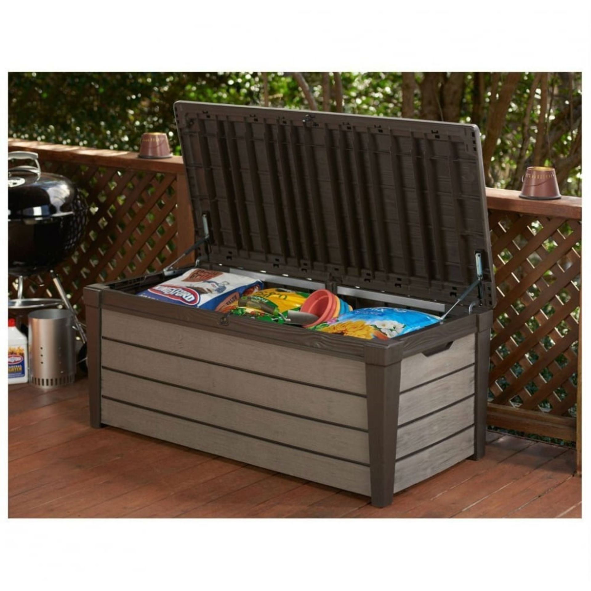 Keter Brushwood 120 Gal Deck Box The Keter Brushwood 120 Gal. Deck Box allows you to keep you