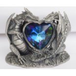 Pewter Dragon With Blue Heart Crystal