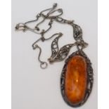 Art Nouveau Style Amber And Silver Pendant On Silver Chain