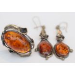 Art Nouveau Amber And Silver Earrings And Ring