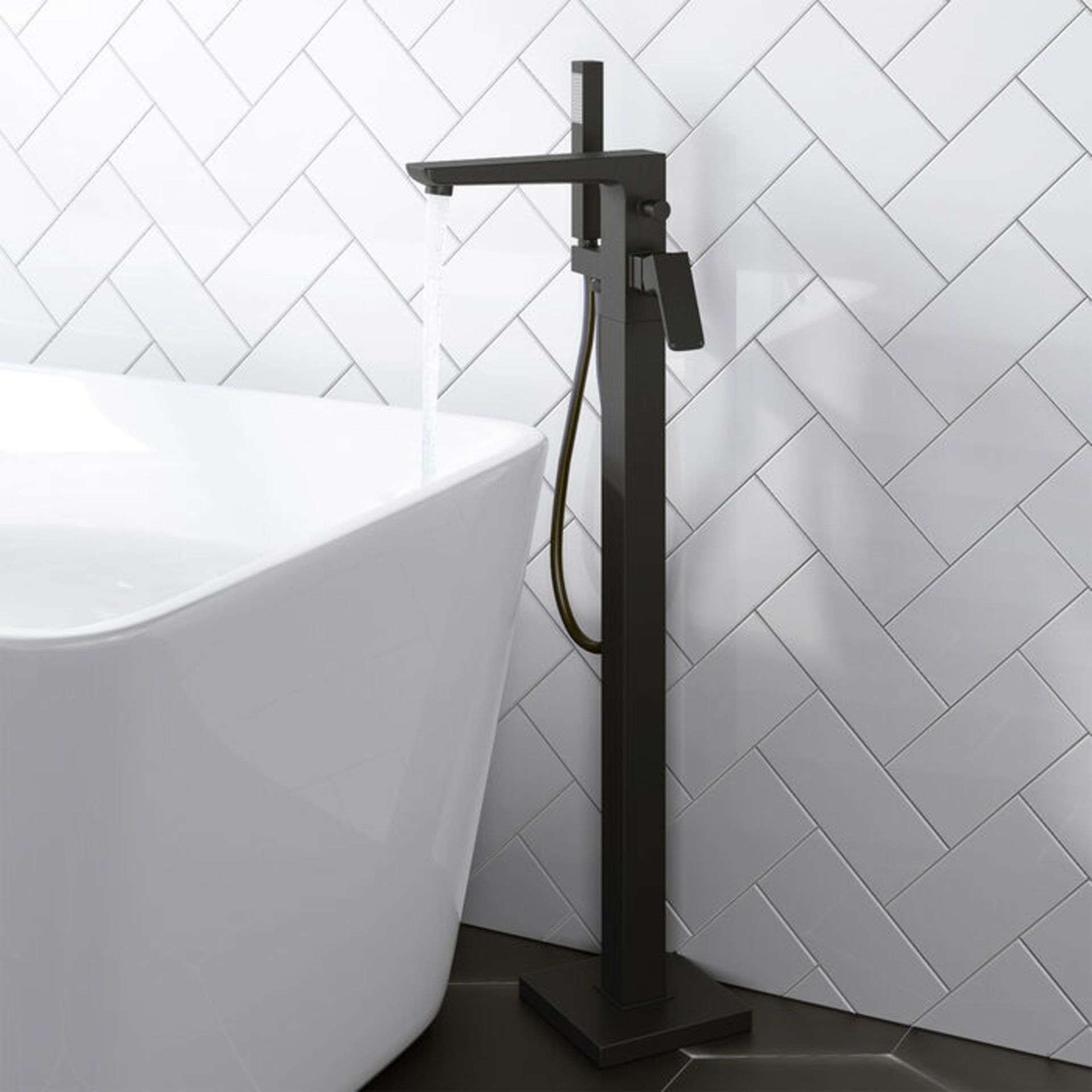 (PM6) Cube Matte Black Freestanding Bath Tap & Handheld. Contemporary matte finish PVC hose, o...